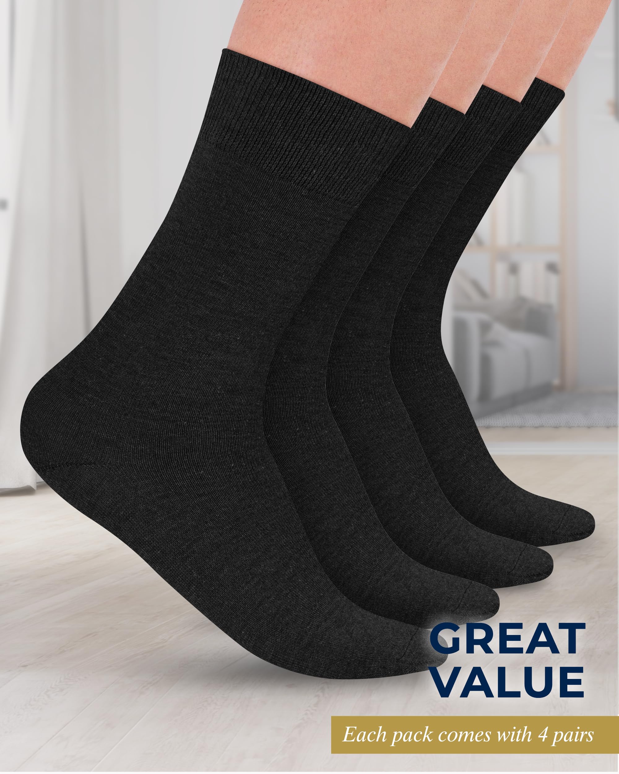 Pembrook Diabetic Socks for Men - 4 Pairs Breathable Odor-Free Comfort Socks for Diabetics | Work & Casual Wear | Ideal for Daily Use, Office, and Travel