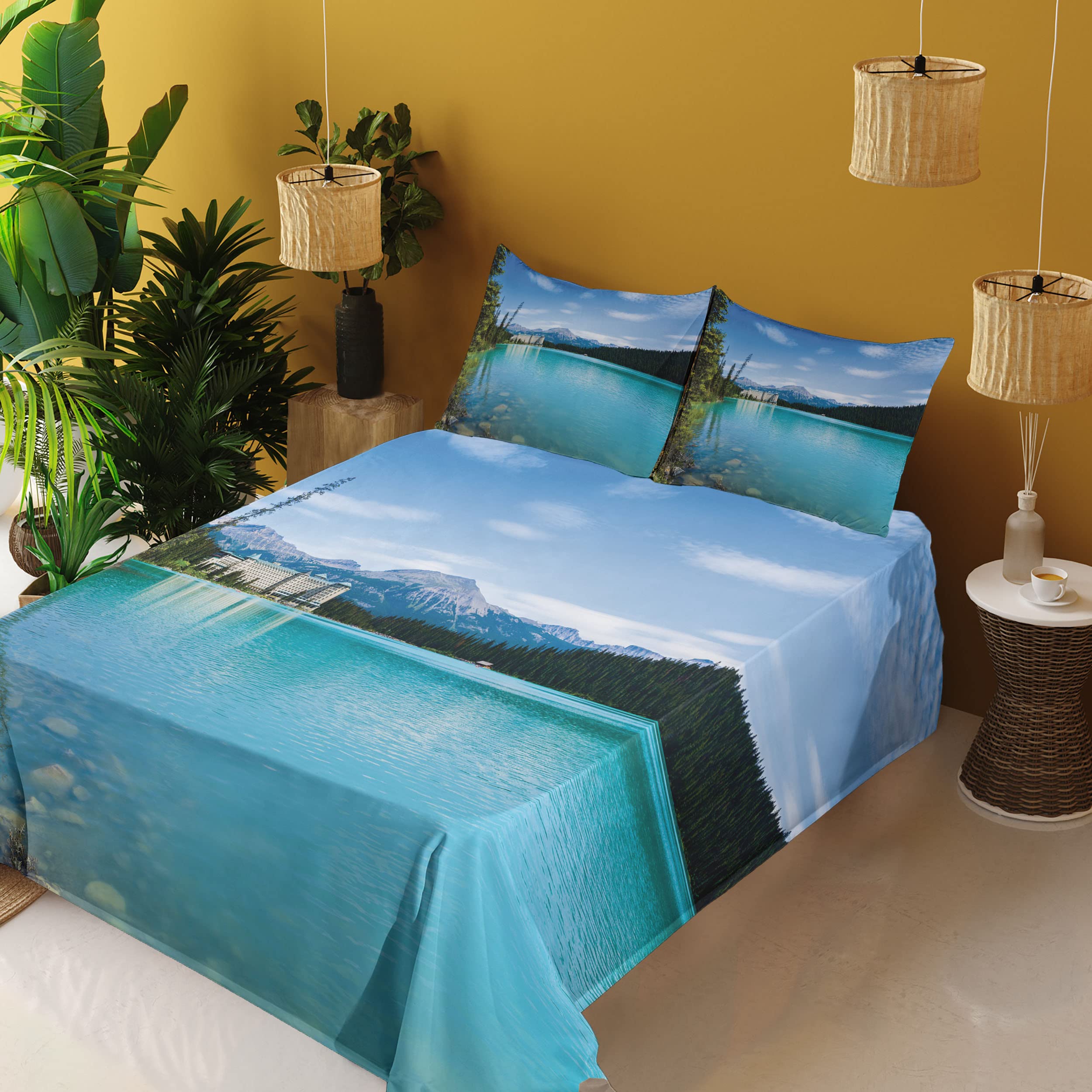 Ambesonne Historical Castle Landscape Sheet Set - 4 Piece King Size Bedding with Fitted Sheet, Flat Sheet & Pillowcases - Turquoise Green Canadian Rural Art Design for Luxurious Bedroom Decor | Perfect for Guest Rooms, Vacation Homes & Castle-Themed Bedrooms