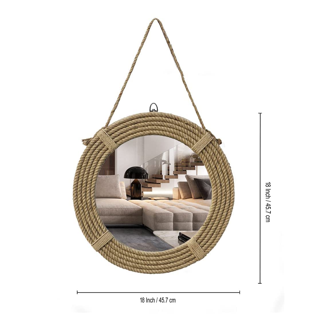 18x18 Inch Round Rope Mirror - Wooden Framed Vanity Wall Mirror for Bathroom, Bedroom & Desk Decor - Perfect for Coastal, Boho & Farmhouse Style Homes