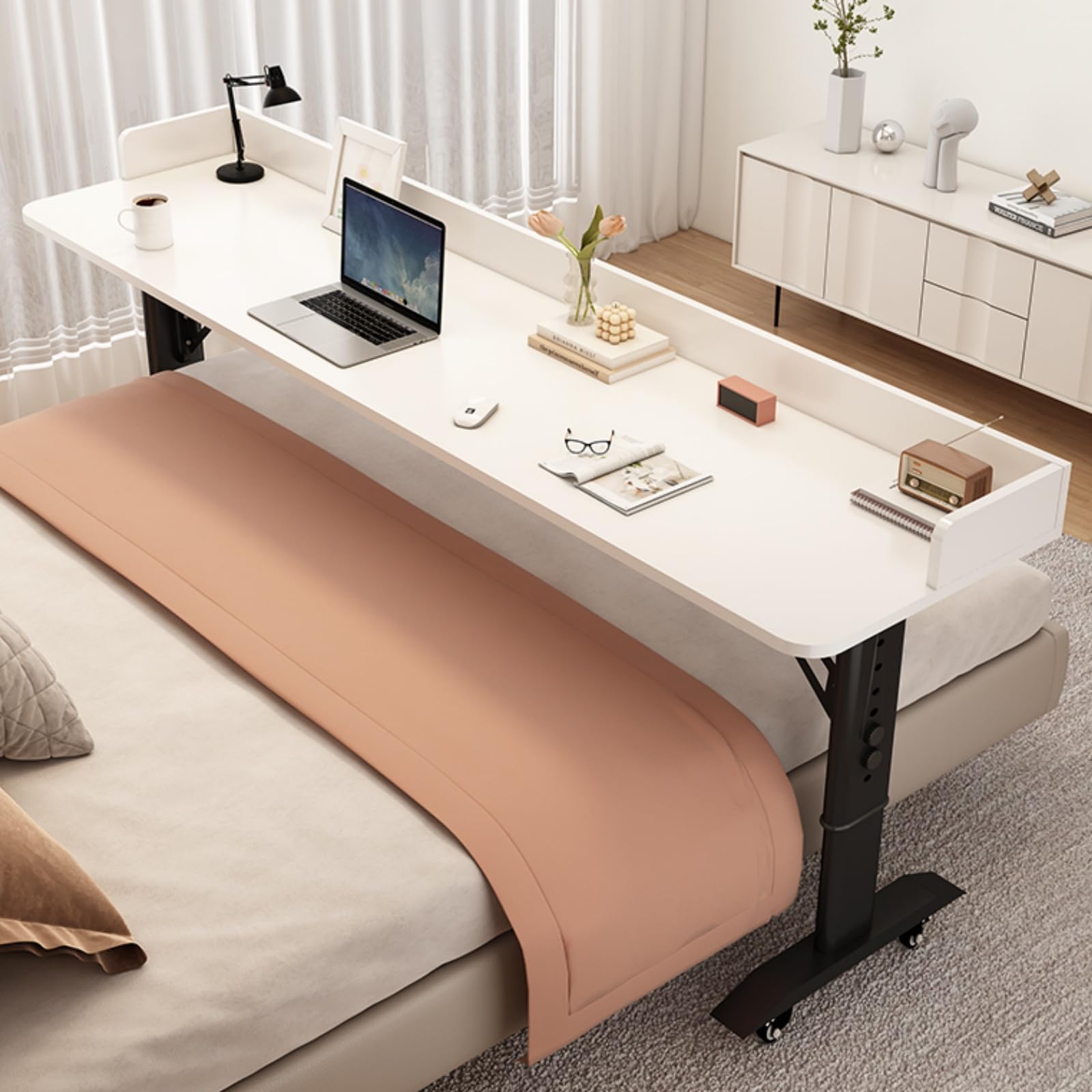Adjustable Overbed Table with Wheels - Mobile Bed Desk for Laptop, Breakfast, Reading & Work - Perfect for Hospital, Home & Office Use