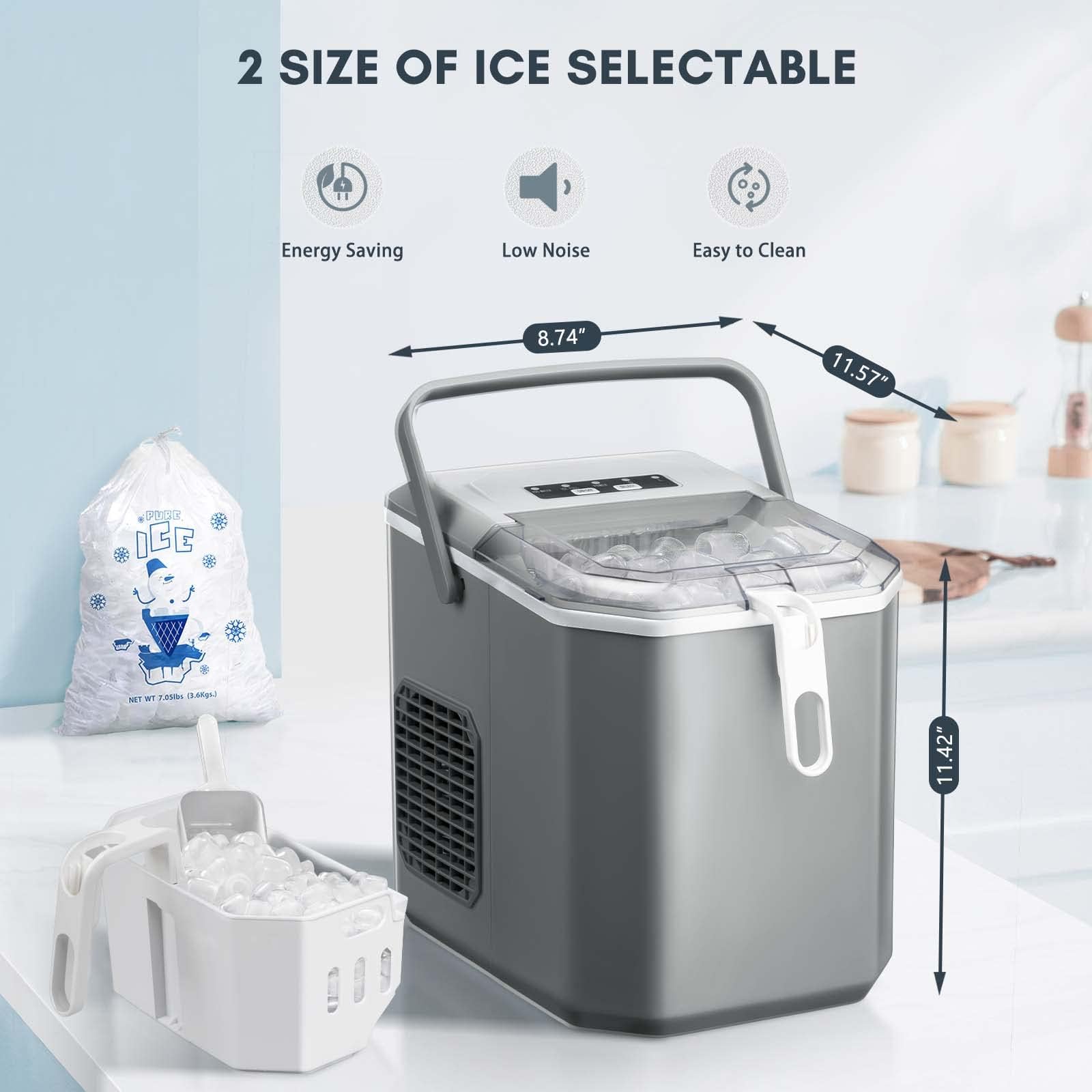 Portable Ice Maker Countertop with Self-Cleaning Function, 26.5Lbs Daily Output, Makes 9 Cubes in 6-9 Minutes, Dual Handle Design with 2 Ice Sizes (Bullet Ice & Cube), Includes Ice Scoop & Basket - Perfect for Home, Office, Kitchen, Party & Outdoor Events (Grey)