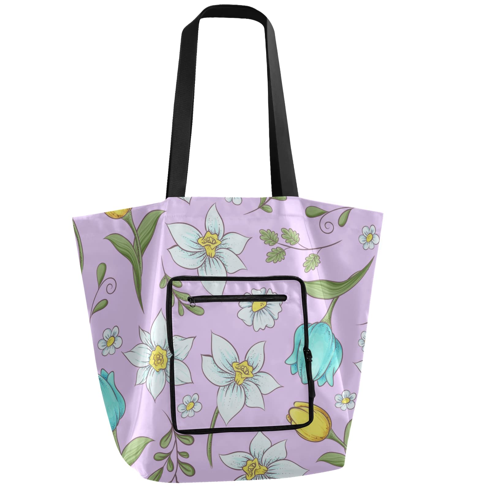 Eco-Friendly Reusable Grocery Bags - Foldable Shopping Tote with Daffodil & Tulip Floral Print, Heavy Duty Polyester Storage Bags with Handles for Groceries, Picnics & Beach Trips