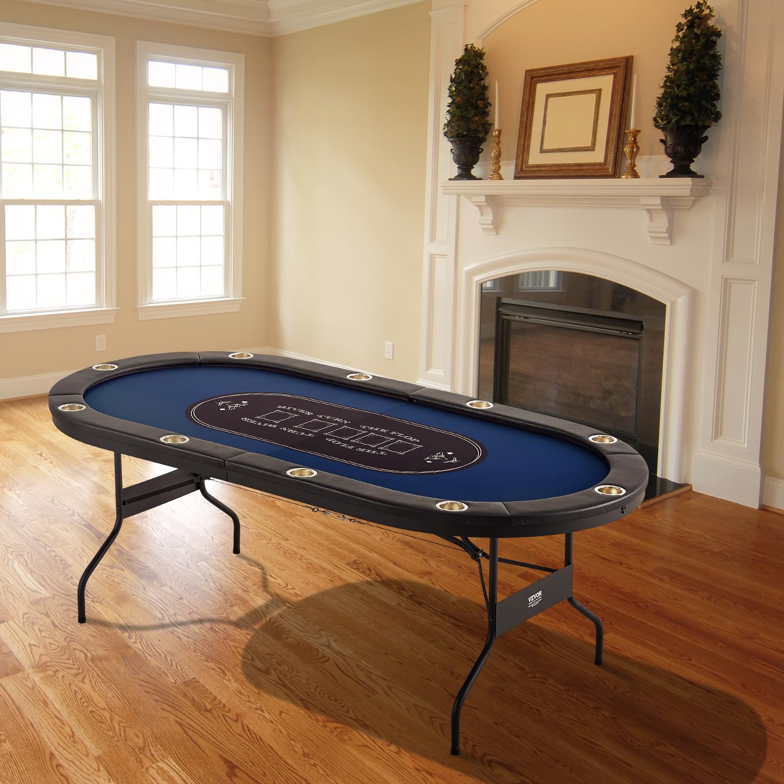 VEVOR 10 Player Foldable Poker Table - Portable Texas Holdem & Blackjack Game Table with Padded Rails, Stainless Steel Cup Holders - 84 Inch Blue Casino Table for Home Game Nights & Poker Parties