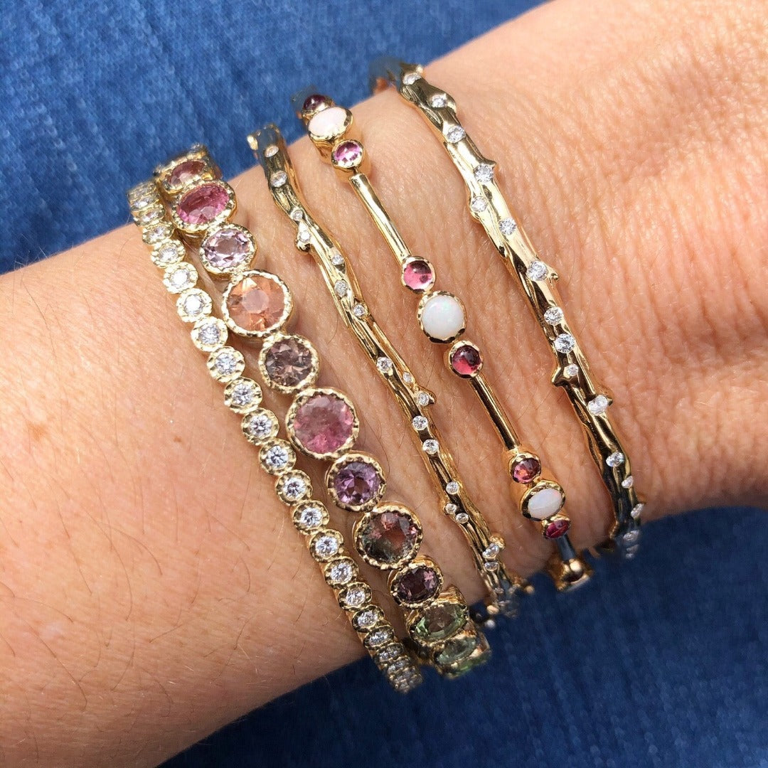 Vibrant Multi-Color Tourmaline Bezel Set Two-Tone Bangle Bracelet - Perfect for Women's Fashion, Gift Giving & Special Occasions