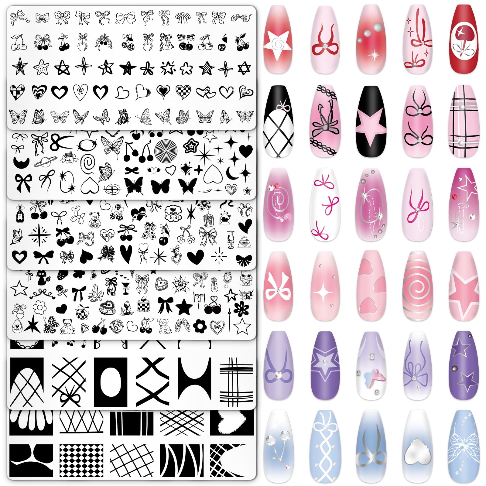 Whaline 6Pcs Coquette Nail Stamping Plates Set - Bow, Cherry & Heart Nail Art Templates for DIY Manicure, Salon & Home Nail Design | Perfect for Valentine's Day, Bridal & Party Nail Art