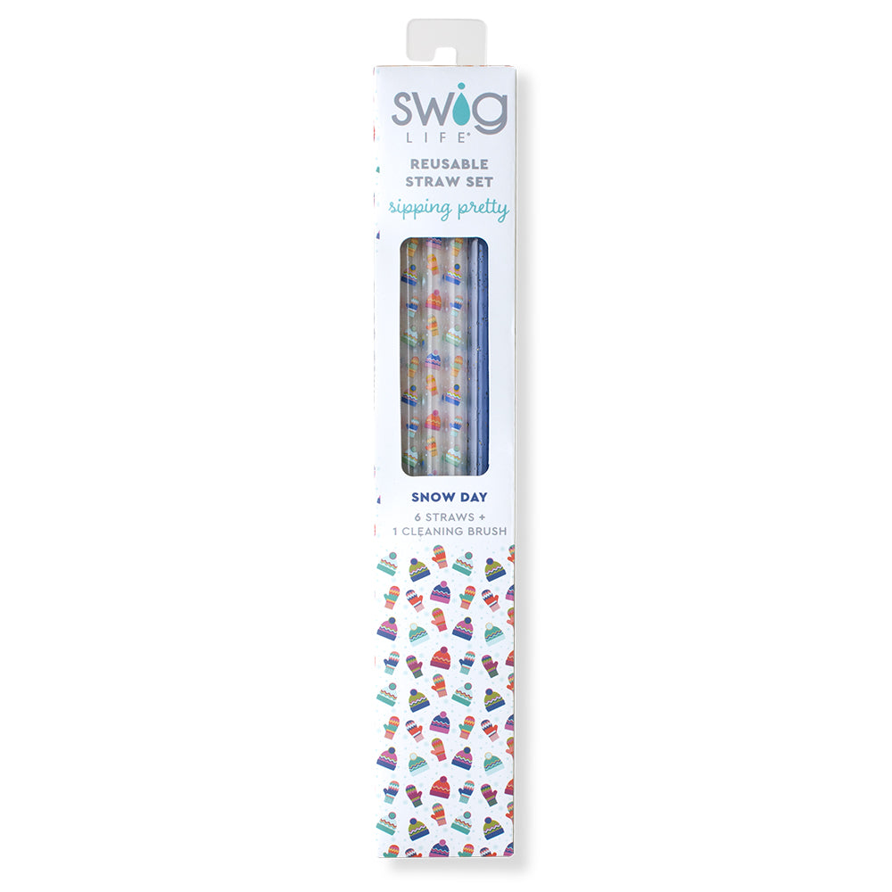 Eco-Friendly Snow Day & Blue Glitter Reusable Straw Set - BPA-Free Stainless Steel Drinking Straws for Smoothies, Iced Coffee & Cocktails at Home or Parties