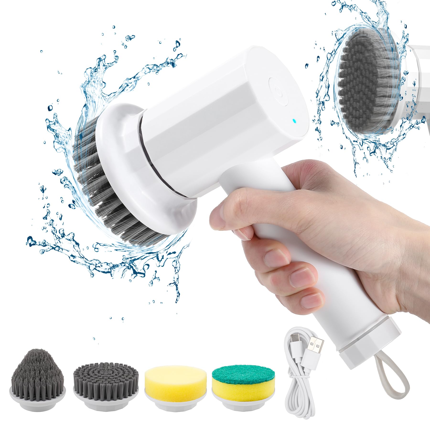 Electric Spin Scrubber Cordless - 4 Replaceable Brush Heads & 2 Speed Settings - Power Cleaning Brush for Bathroom, Kitchen, Tile, Grout, Sink, Tub, Window, Floor - Ideal for Deep Cleaning Stubborn Stains in Hard-to-Reach Areas (White)