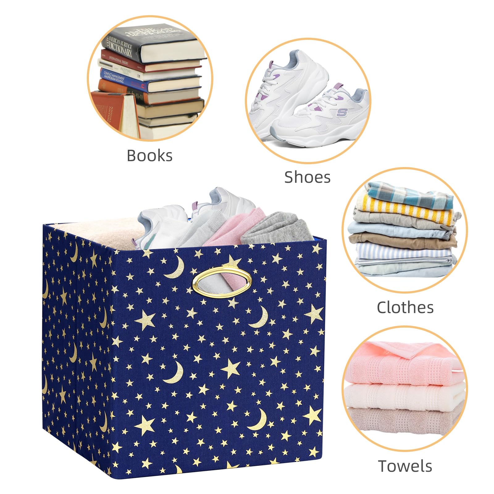 13x13x13 Collapsible Fabric Storage Cube Bins - 4 Pack Navy Blue & Gold Organizer Baskets for Shelves, Closet, Wardrobe, Bookshelf | Space-Saving Home & Office Storage Solution
