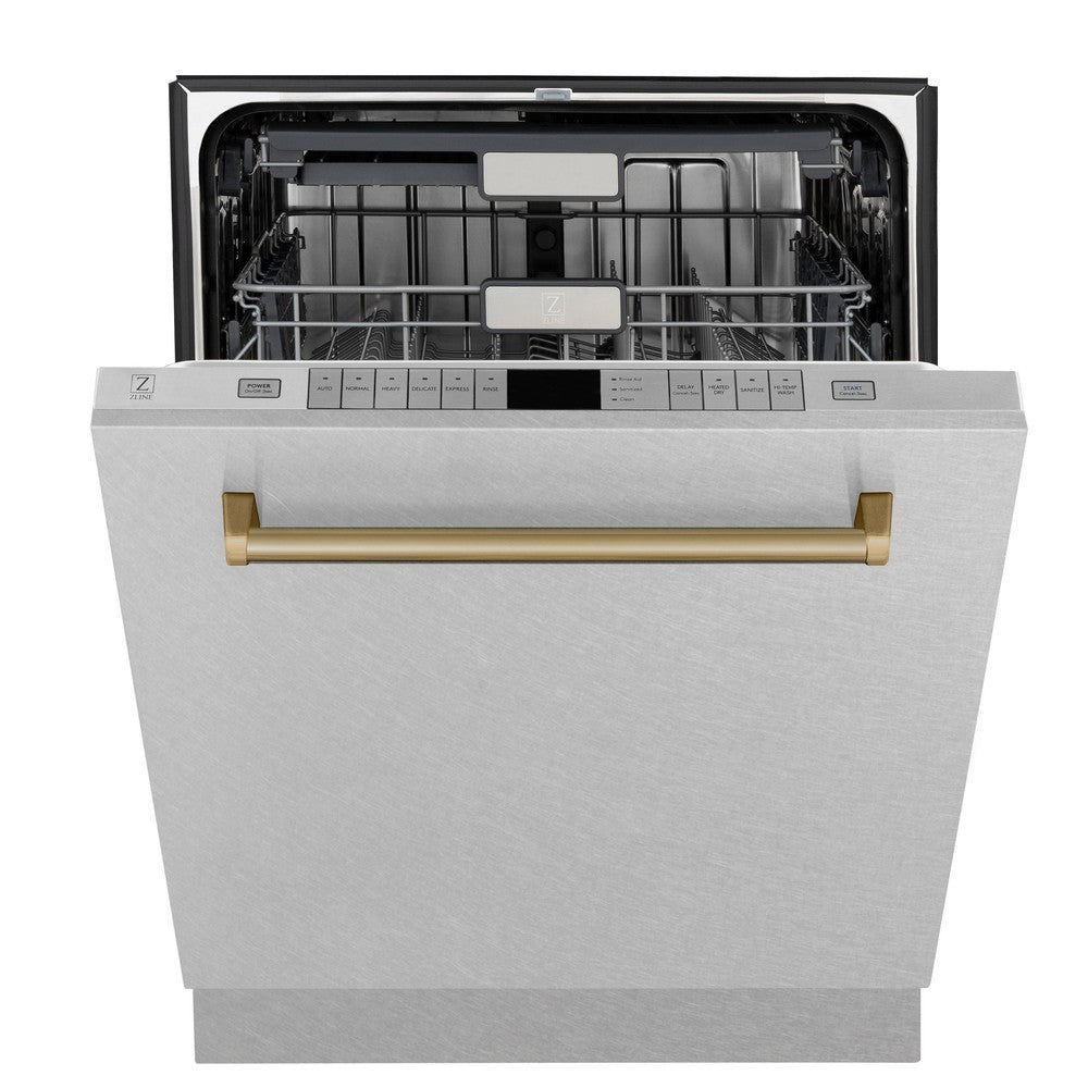 ZLINE Autograph Edition 24-inch Monument Series Dishwasher with 3rd Rack, Top Touch Controls, Tall Tub - Satin Stainless Steel Panel & Champagne Bronze Handle, Ultra Quiet 45dBa (DWMTZ SN 24 CB) - Perfect for Modern Kitchens, Open Concept Homes, and Luxury Condos