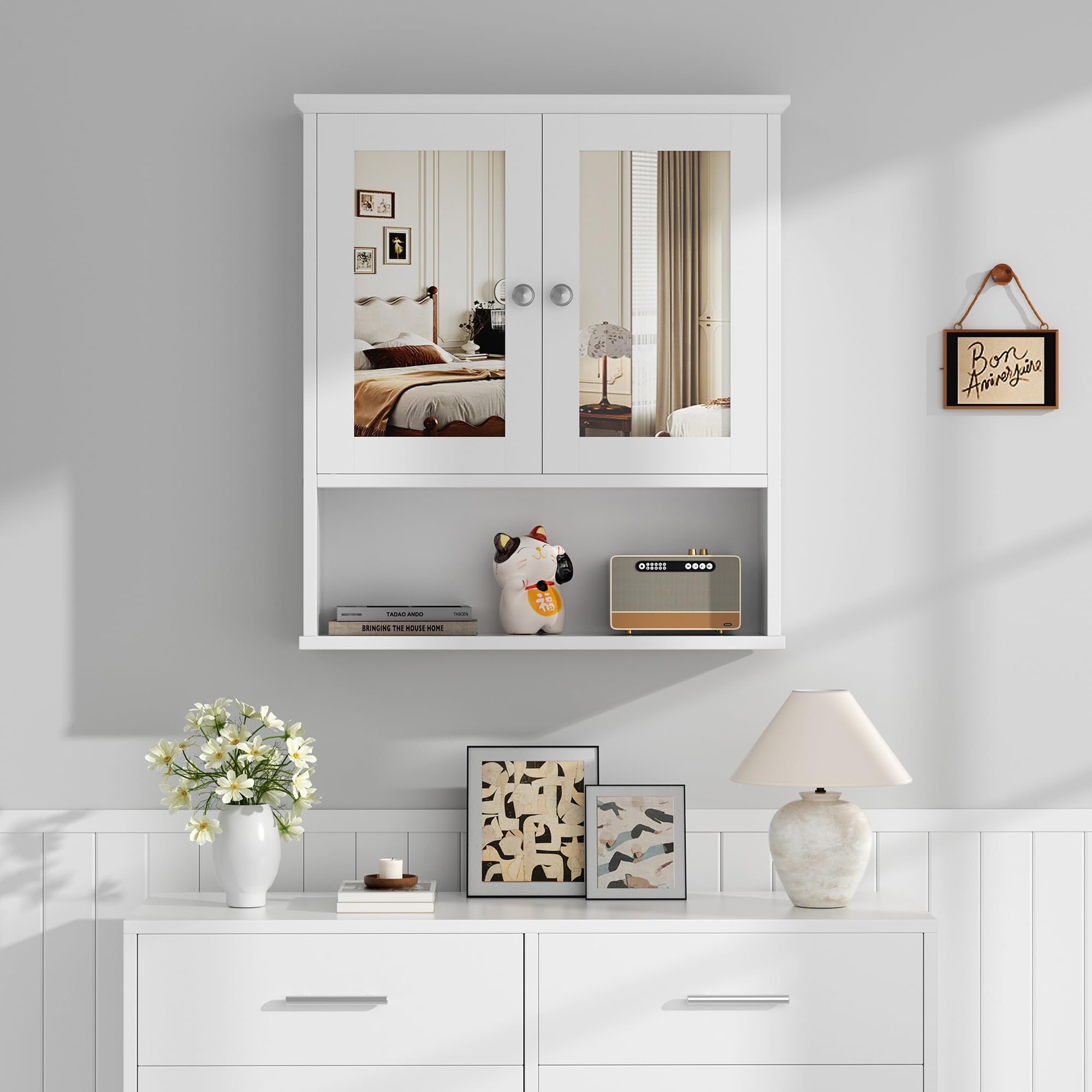 Shintenchi White Wooden Bathroom Medicine Cabinet with Mirror & Adjustable Shelves - Wall Mounted Storage Cupboard for Bathroom, Bedroom & Living Room Organization