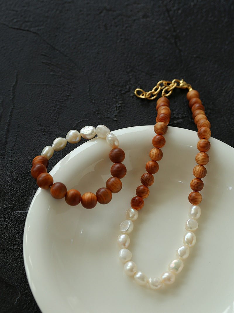 Natural Wood Bead Pearl Bracelet - Handmade Boho Chic Jewelry for Women - Perfect for Yoga, Meditation & Everyday Wear