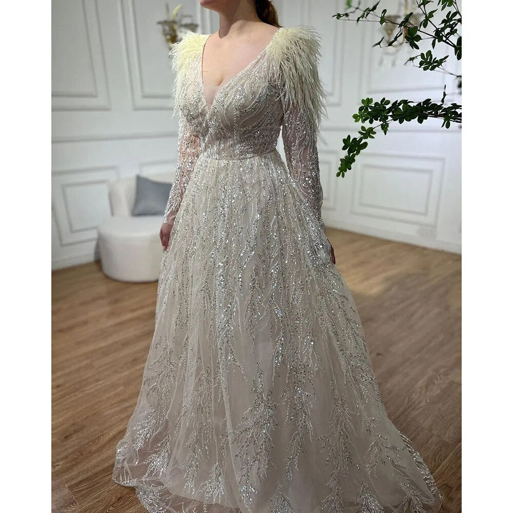 Serene Hill Muslim Beige A-Line Beaded Feathers Luxury Dubai Long Evening Dress Gown 2025 for Women - Wedding, Party, Formal Occasions - LA72172