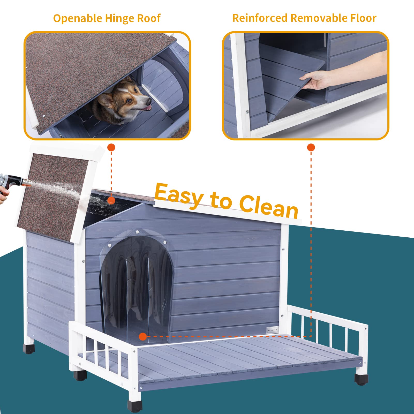 Petsfit Outdoor Dog House with Terrace & Removable Asphalt Roof - 40