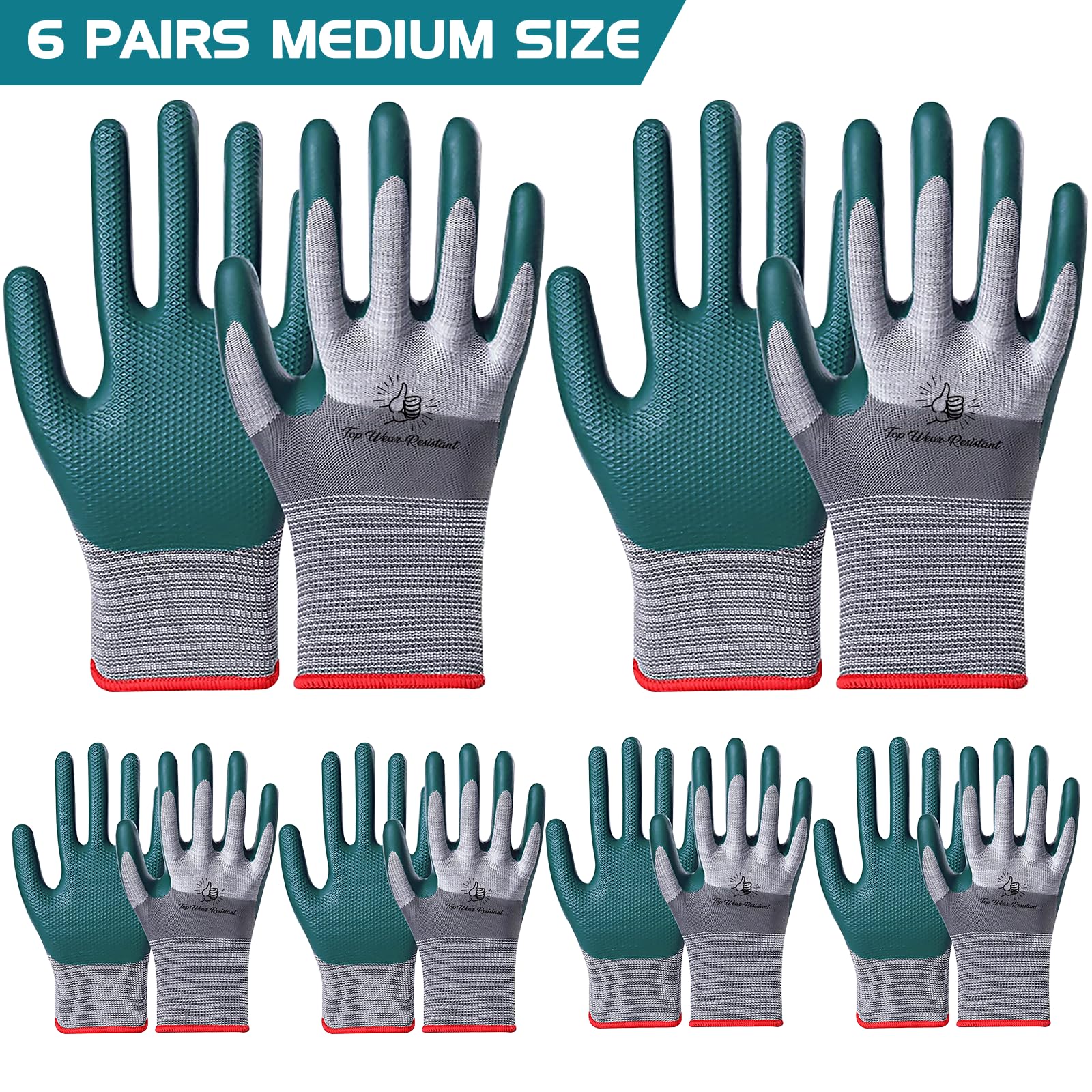 Breathable Rubber Gardening Gloves for Men & Women - 6 Pairs Set - Durable, Comfortable & Flexible for Planting, Weeding & Outdoor Work