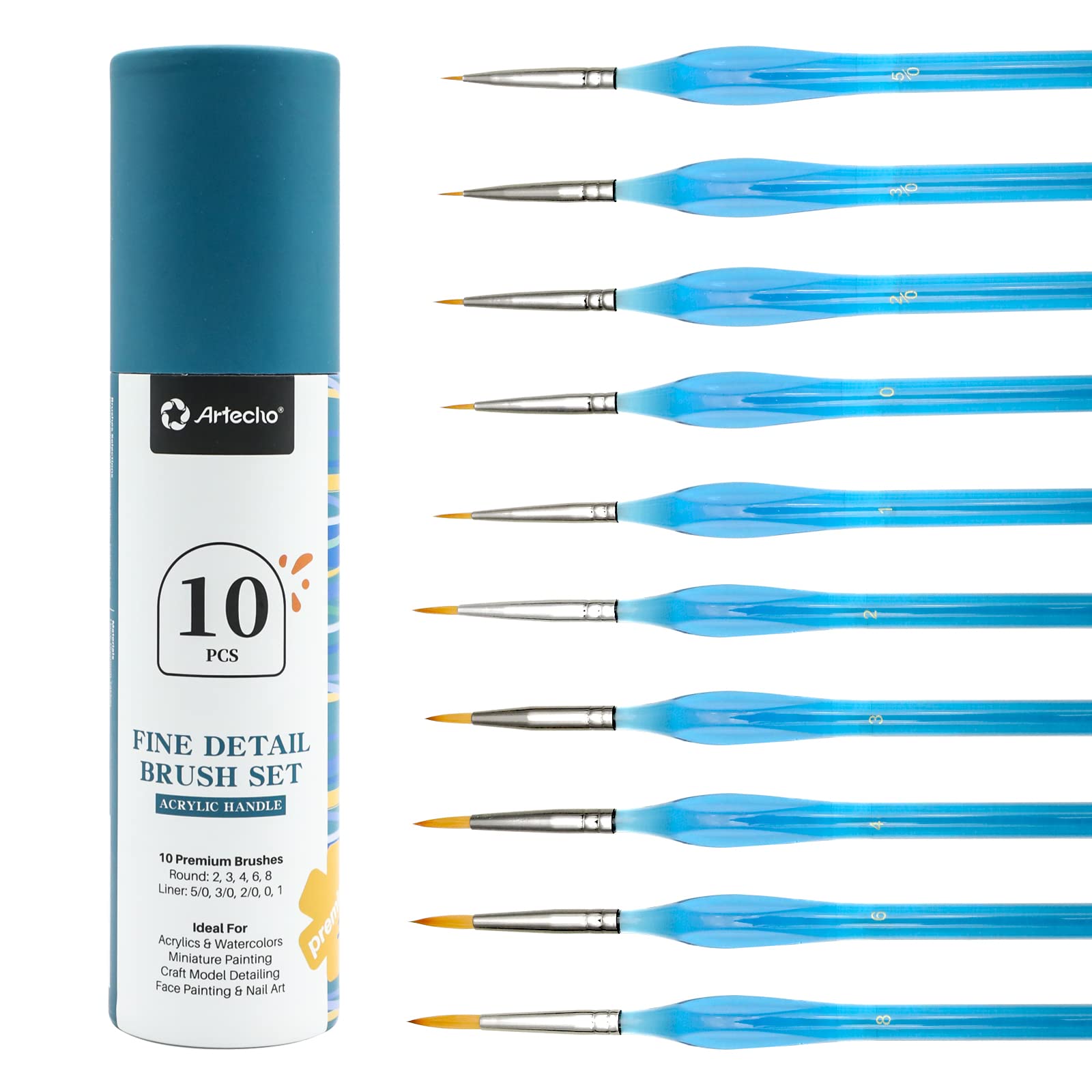 Artecho 10-Piece Fine Tip Detail Paint Brush Set for Watercolor, Oil, Acrylic & Gouache - Professional Nylon Hair Art Brushes in 10 Sizes - Perfect for Canvas Painting, Nail Art & Miniature Detailing