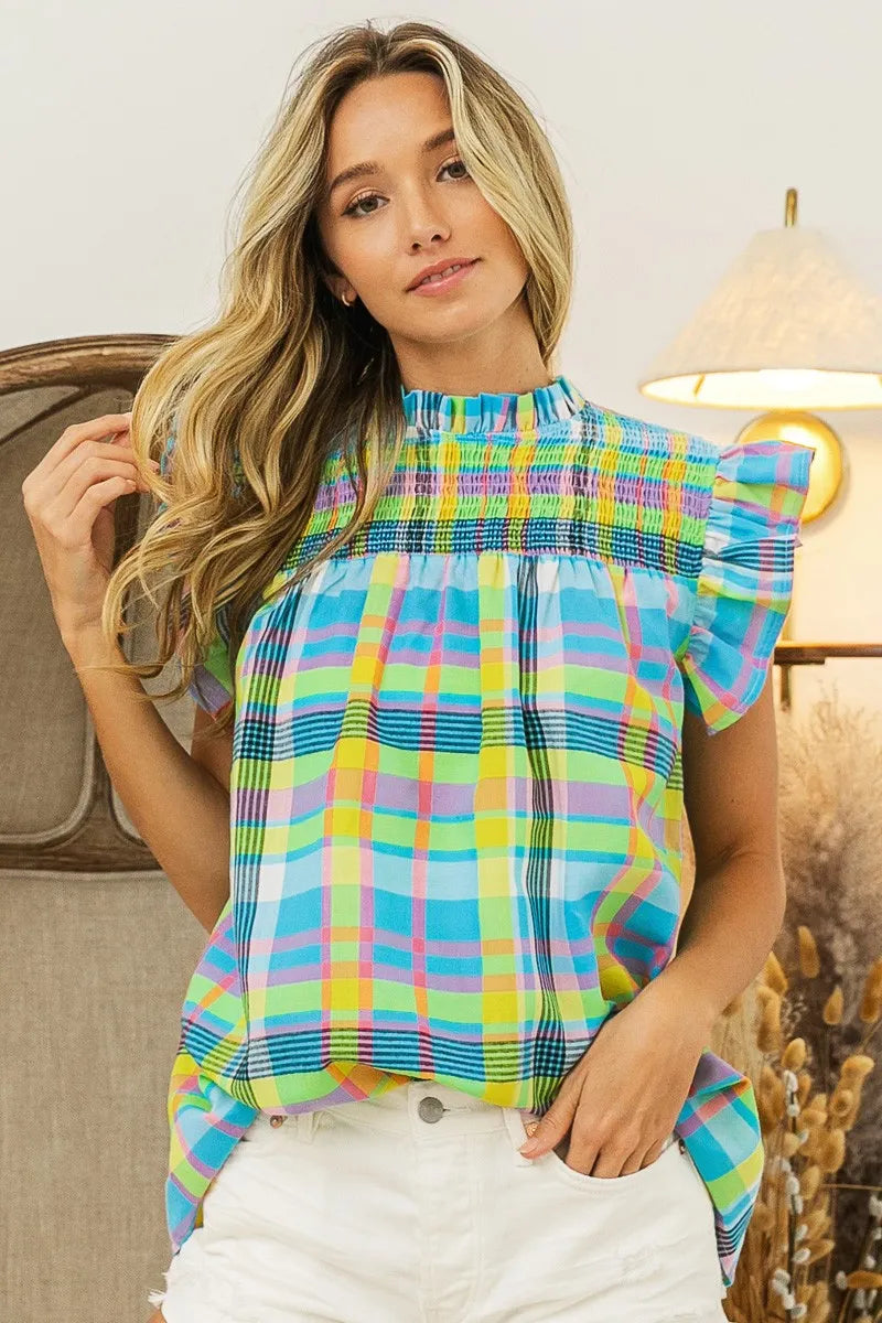 BiBi Women's Multi-Color Check Plaid Woven Blouse - Casual Office Wear & Spring Outfit