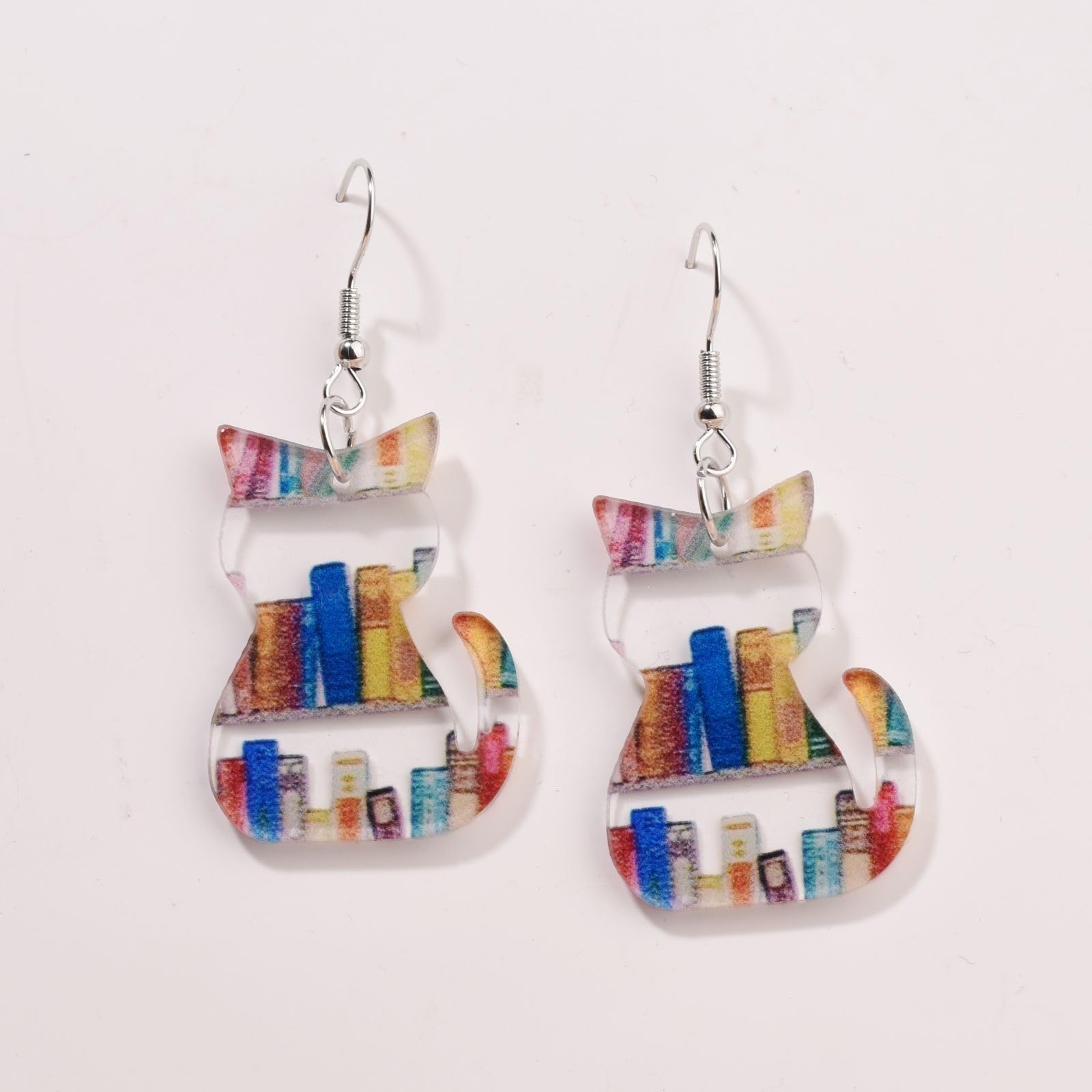 Handmade Wooden Book Earrings for Women - Cat & Apple Pendant Design, Unique Back to School Gifts for Teachers & Students | Perfect for Reading Enthusiasts, Book Club Meetings & Literary-Themed Outfits