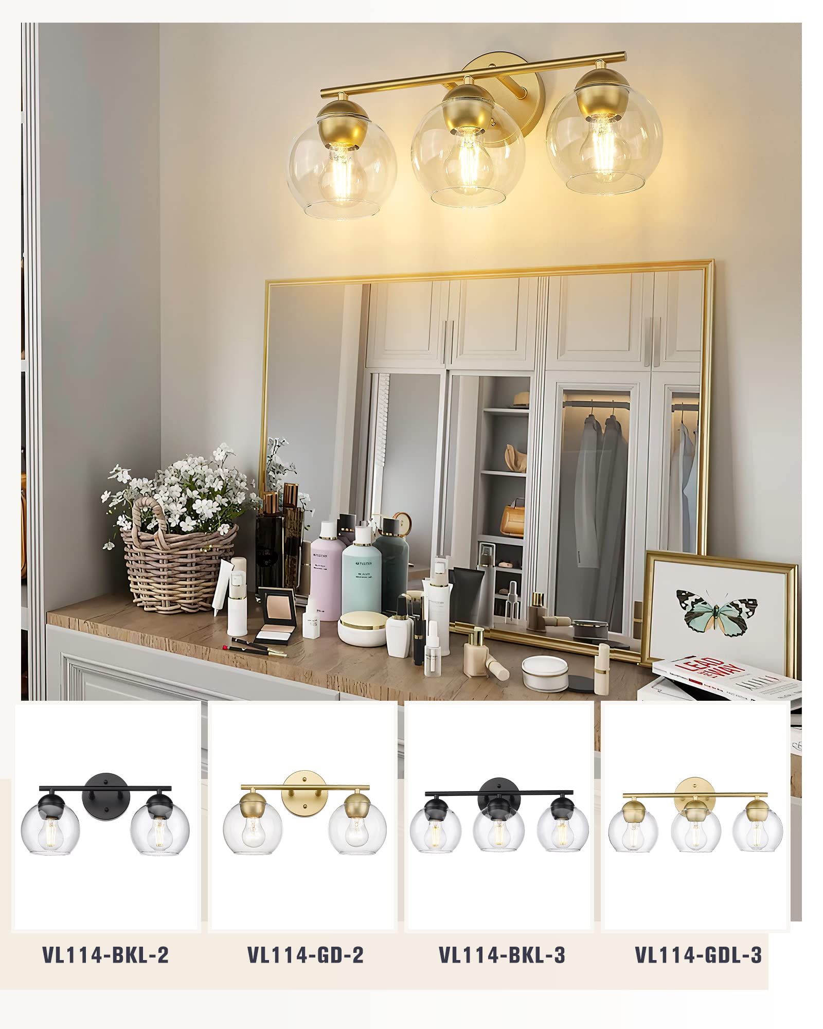 Emak 3-Light Gold Bathroom Vanity Light Fixture with Clear Glass Globes - Modern Mirror Lighting for Bathroom, Powder Room & Dressing Area