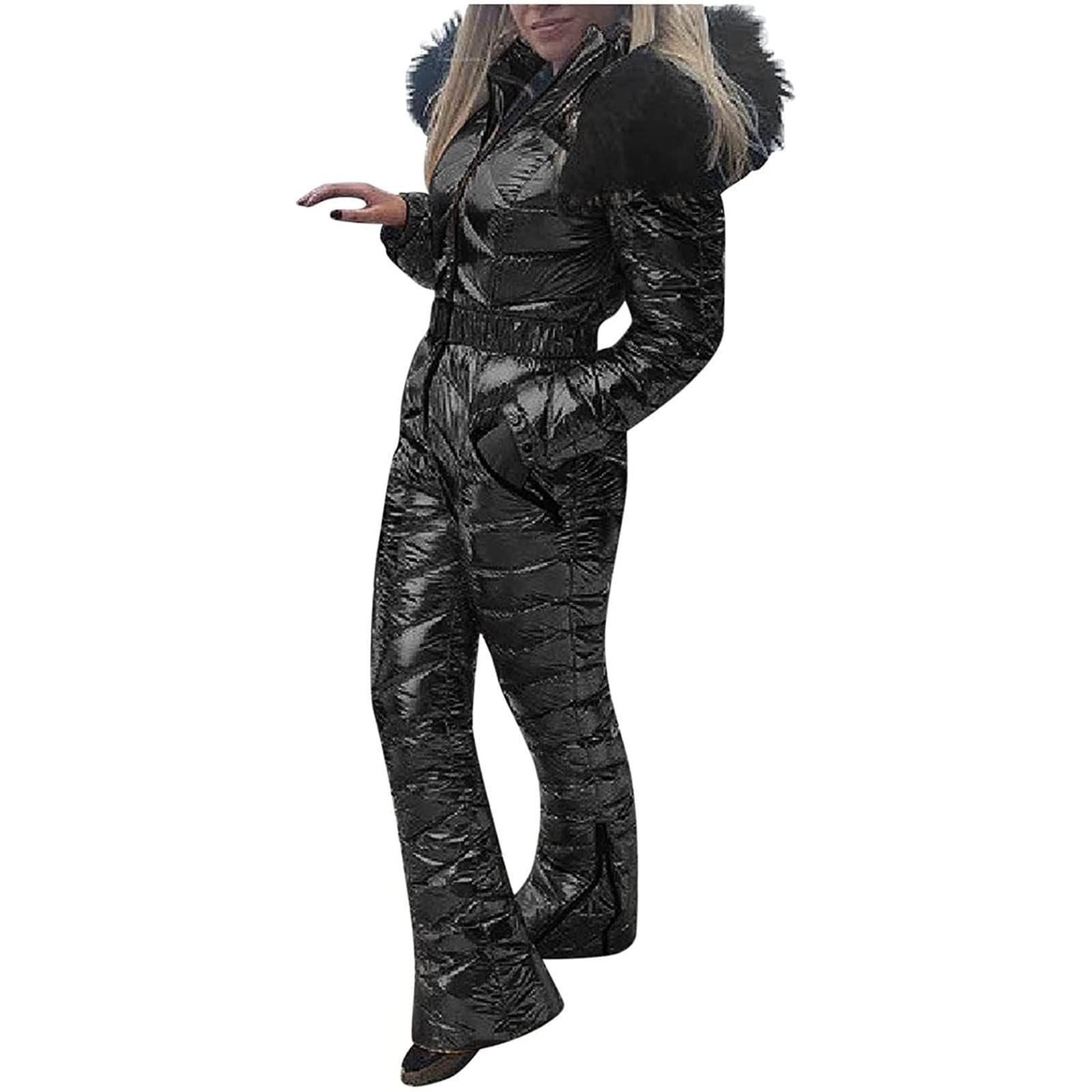 Women's Winter Ski Jumpsuit - Fleece-Lined Snowsuit with Removable Hood & Fur Collar | Warm Thermal Onesie for Skiing, Snowboarding & Outdoor Winter Activities