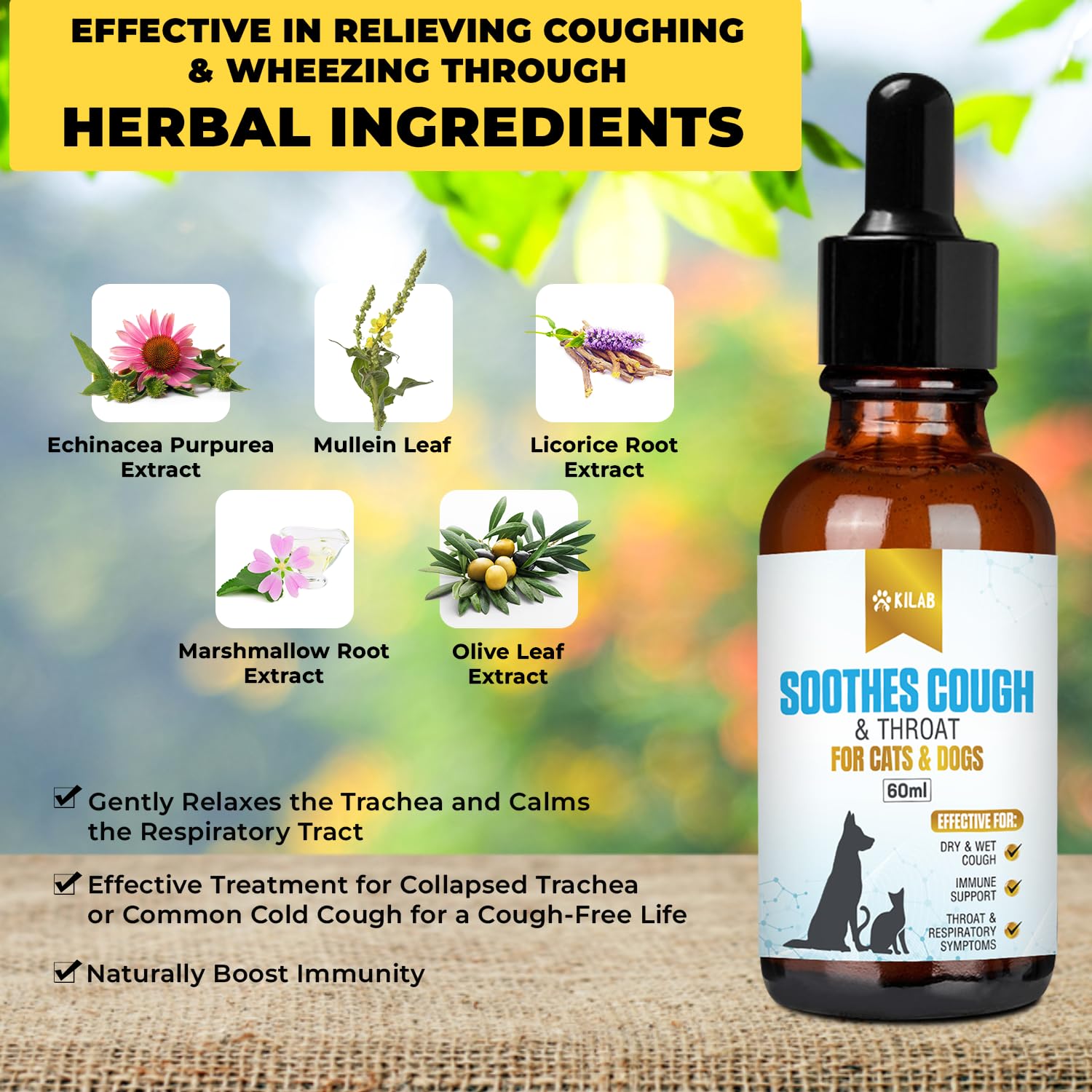 Natural Cat & Dog Cough Relief Medicine | Kilab Respiratory Support for Sneezing, Kennel Cough, Trachea Collapse & Pet Asthma | Herbal Remedy for Dogs & Cats (60ml) | Ideal for Travel, Boarding & Seasonal Allergies