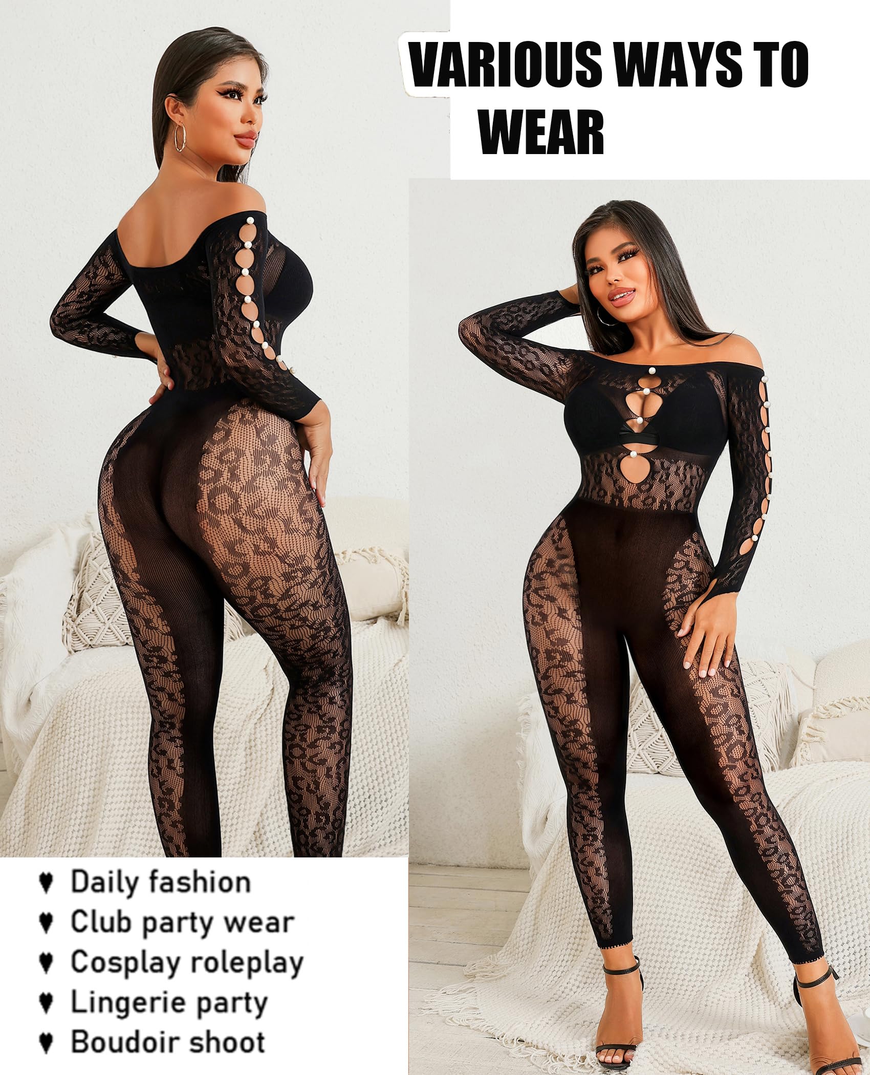 Avidlove Women's Long Sleeve Fishnet Bodystocking - Leopard Print Rhinestone Lingerie Set, Cut Out Jumpsuit for Valentine's Day & Romantic Nights