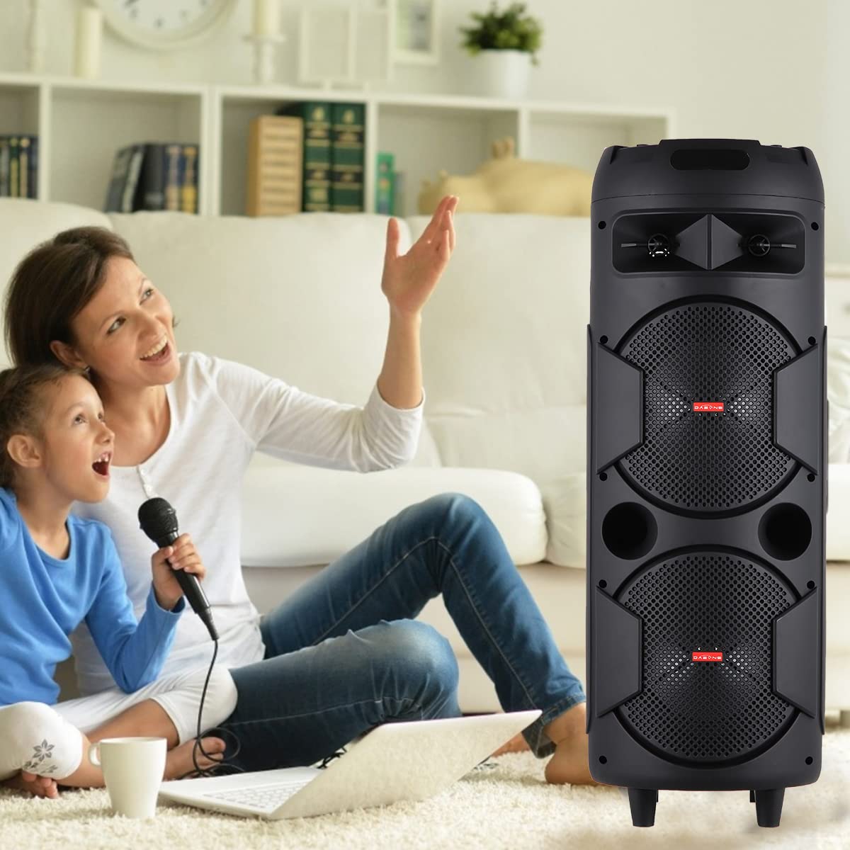 TWS Karaoke PA System with Wired Microphone & Wireless Bluetooth Speaker - Portable Dual 8'' DJ Speaker with Remote, FM Radio & Party Lights for Home Karaoke, Outdoor Events, and Live Performances