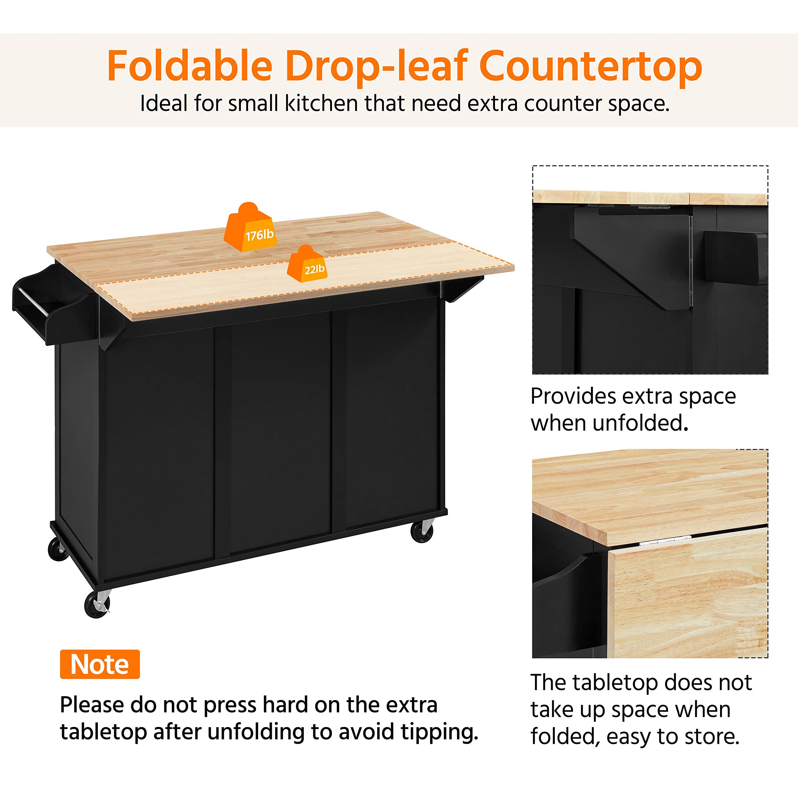 Topeakmart Black Mobile Kitchen Island with Foldable Countertop - Kitchen Cart with Storage Cabinet, 3 Drawers & Spice Rack - Perfect for Small Kitchens, Dining Rooms & Food Prep Areas