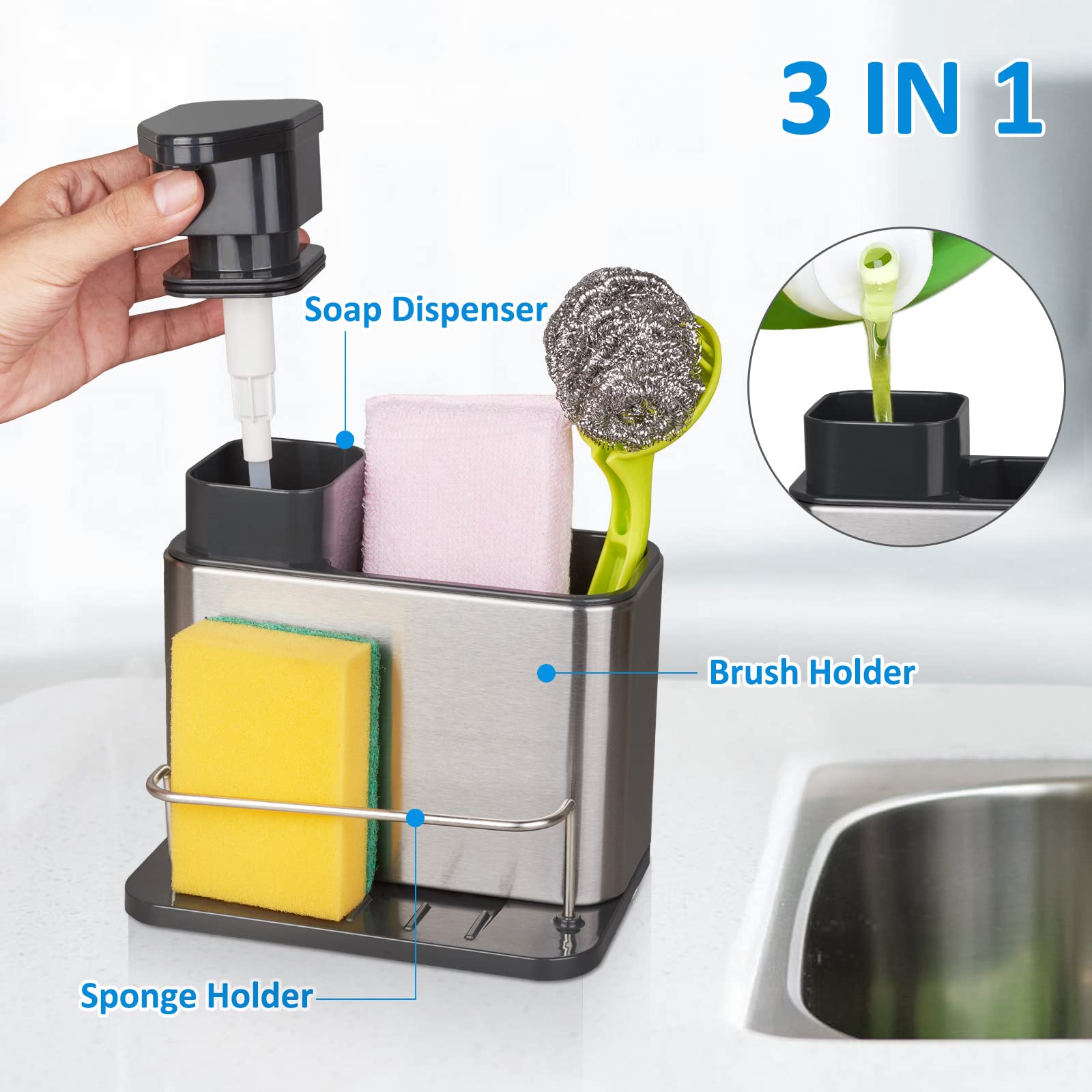 3-in-1 Stainless Steel Kitchen Sink Organizer - Soap Dispenser, Sponge Holder & Drainer Rack | Rustproof Countertop Organizer for Dishes & Brushes | Perfect for Small Kitchen Spaces & Modern Home Decor