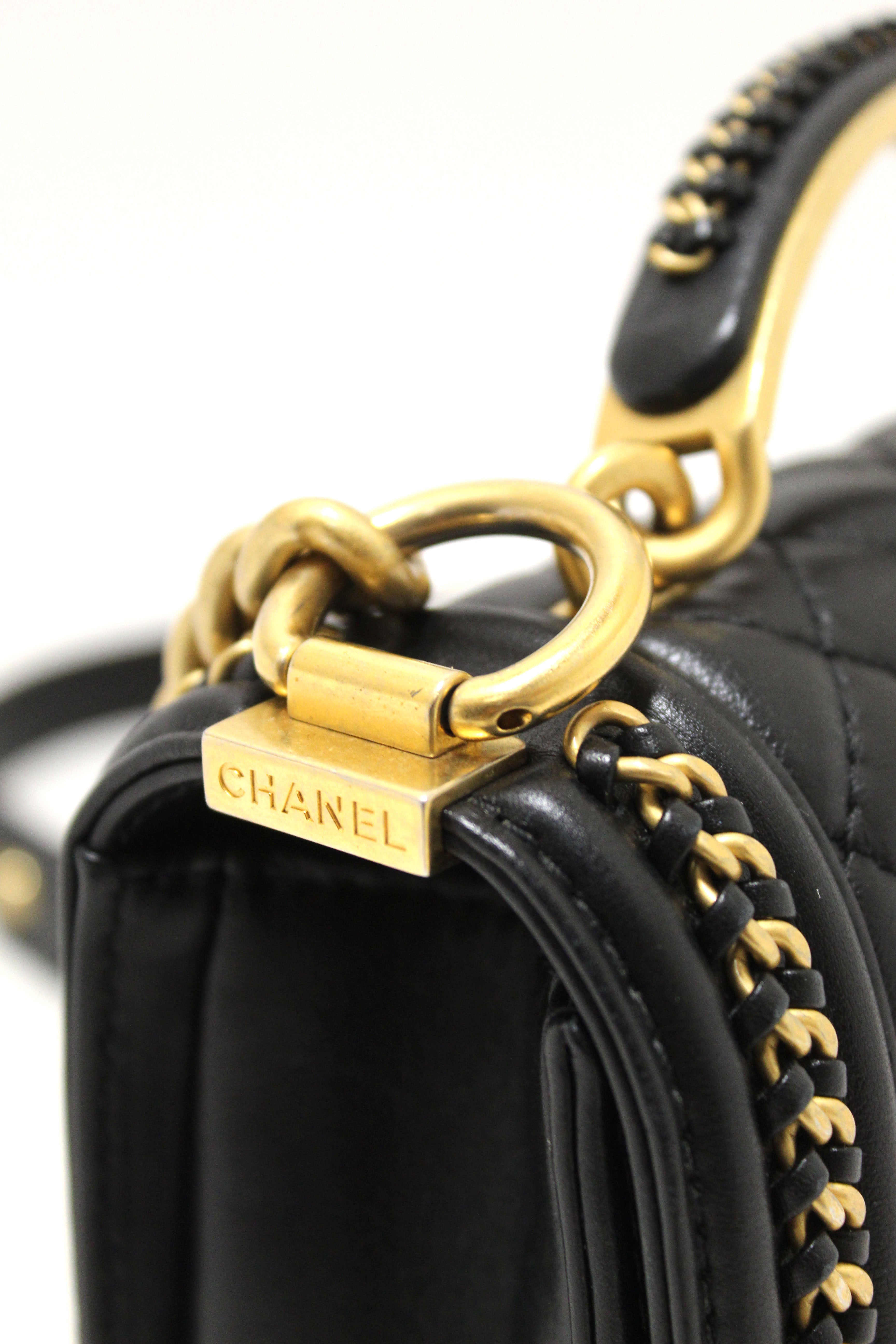 Authentic Chanel Black Calfskin Leather Boy Chanel Flap Bag with Handle - Luxury Designer Crossbody Shoulder Bag for Women, Perfect for Date Night, Parties & Special Occasions