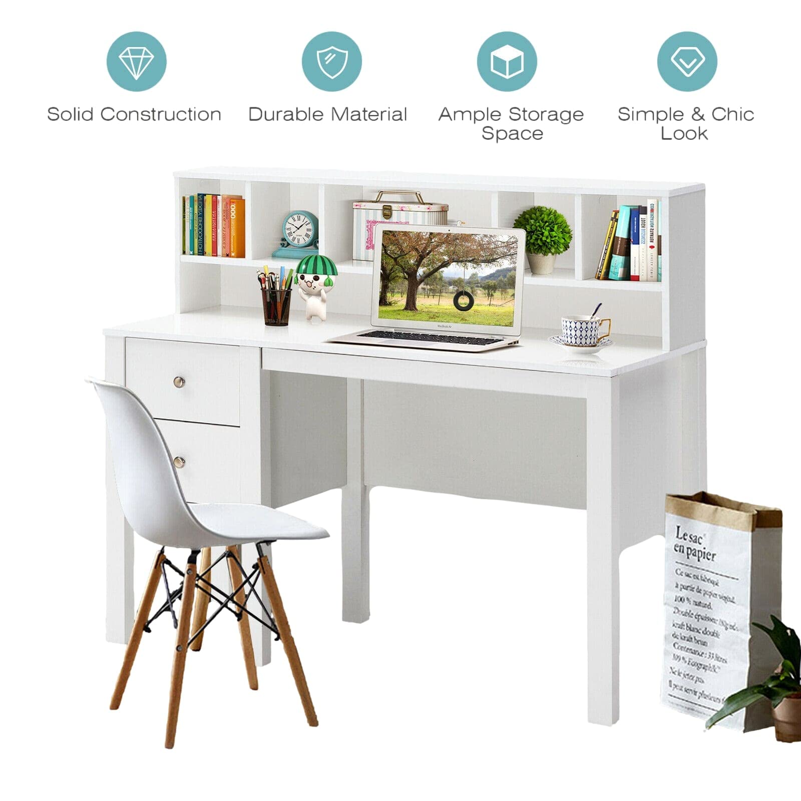 White Computer Desk with Hutch & 2 Slide-Out Drawers - Modern Laptop Workstation, Study Writing Table for Home Office - Spacious Tabletop with Anti-Tipping Straps - Perfect for Small Spaces, Gaming Setup & Remote Work