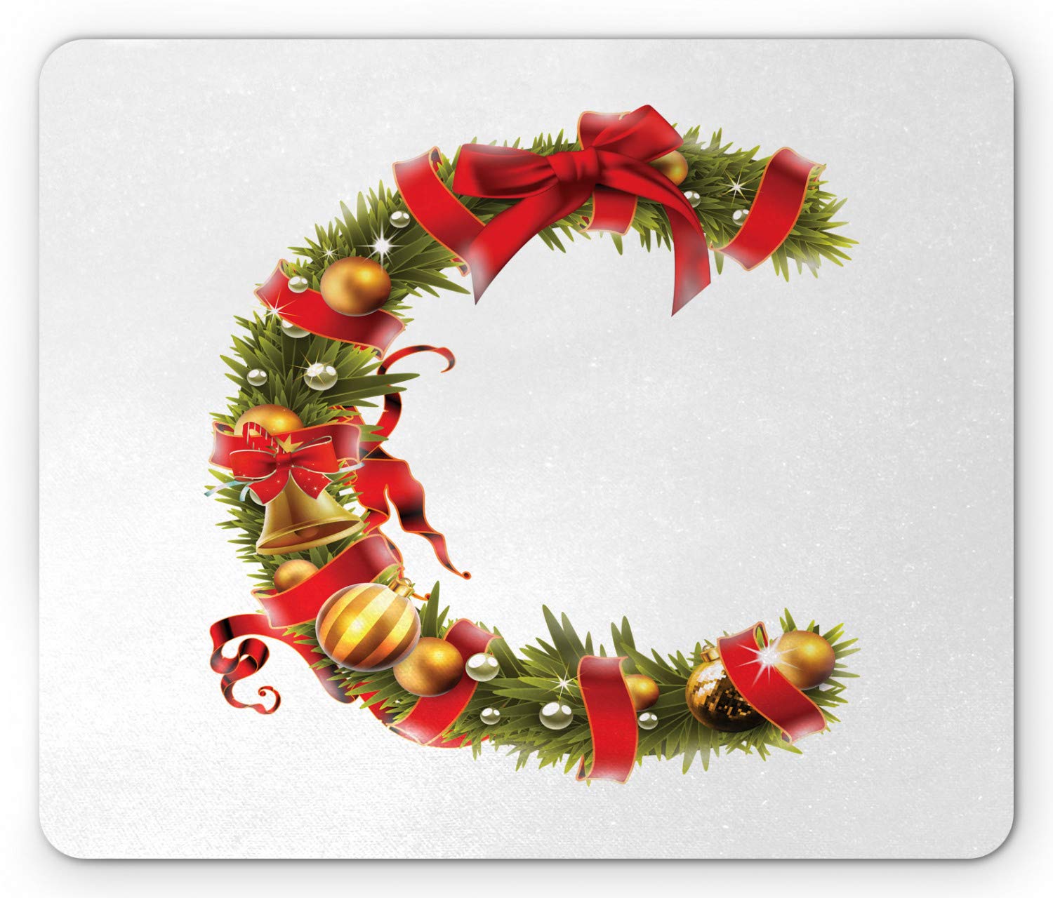 Ambesonne Christmas Alphabet Mouse Pad - Tree Branches Forming Letter C with Ribbon & Baubles - Non-Slip Rubber Mousepad (Standard Size) in Pearl & Olive Green - Perfect for Holiday Office Decor & Gift Giving