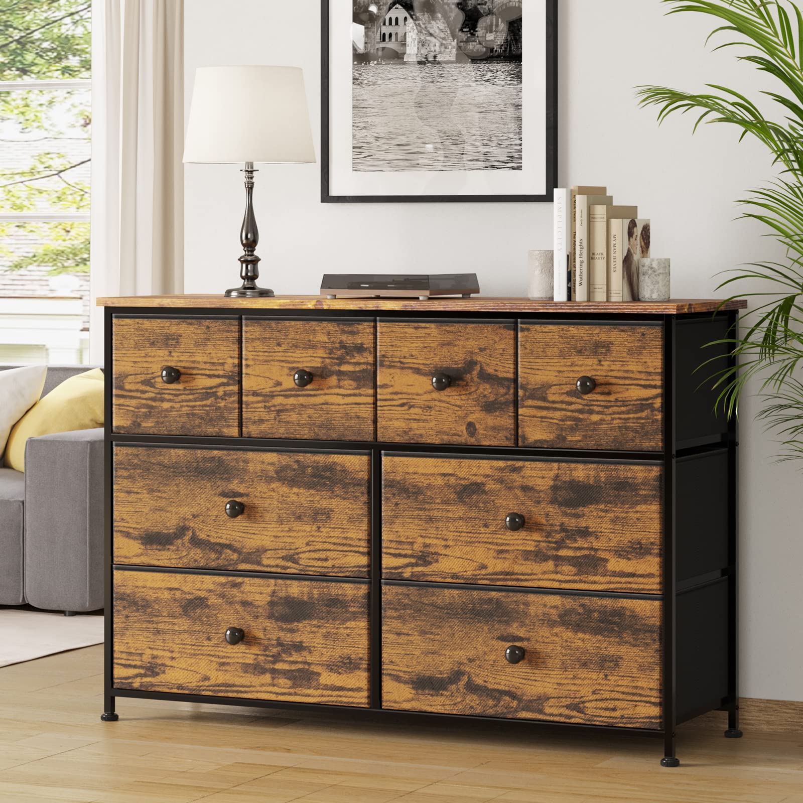 REAHOME 8-Drawer Fabric Dresser with Wooden Top - Sturdy Steel Frame Storage Chest for Bedroom, Living Room, Hallway & Nursery - Rustic Brown (LHM8R1) | Perfect for Closet Organization, Home Decor & Small Space Storage Solutions