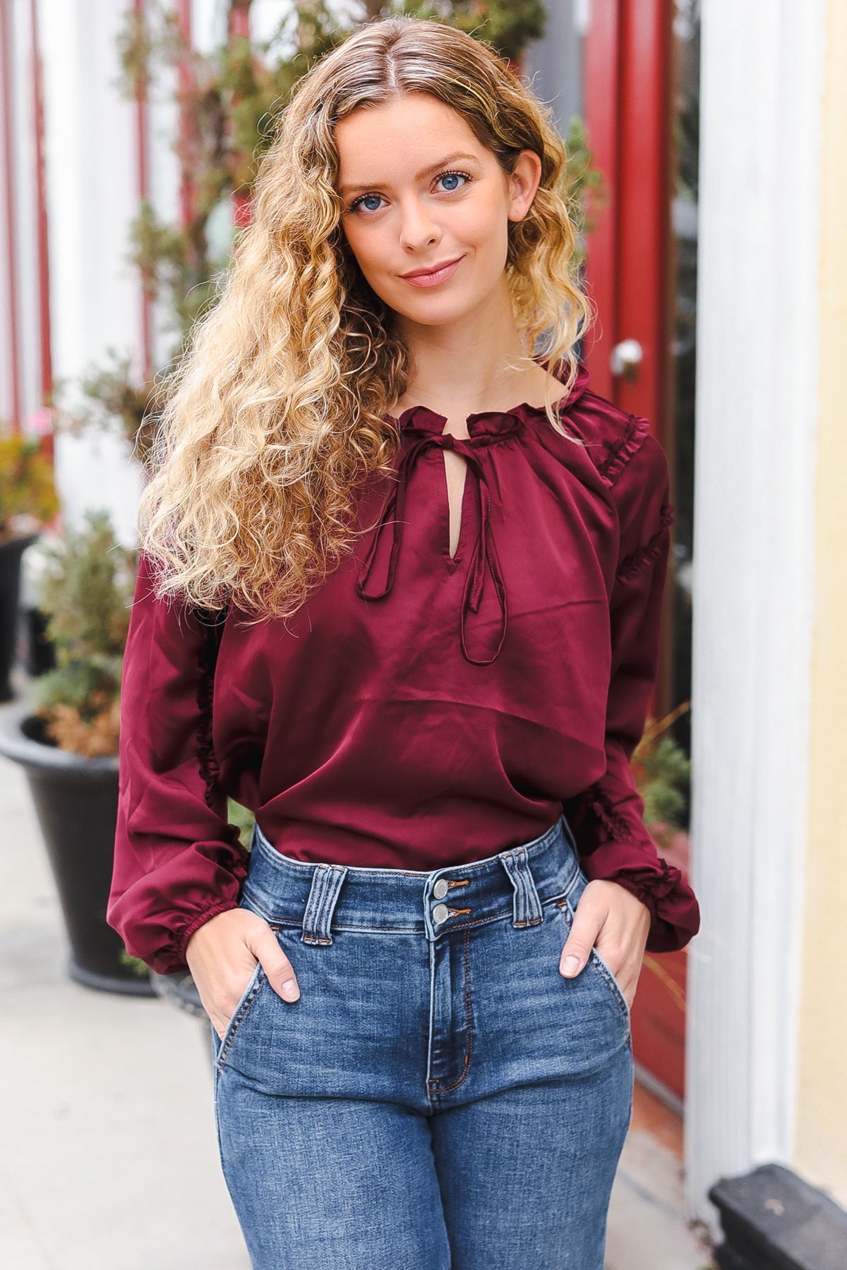 Elegant Burgundy Satin Blouse with Frill Detail & Tie Neck - Perfect for Holiday Parties & Special Occasions