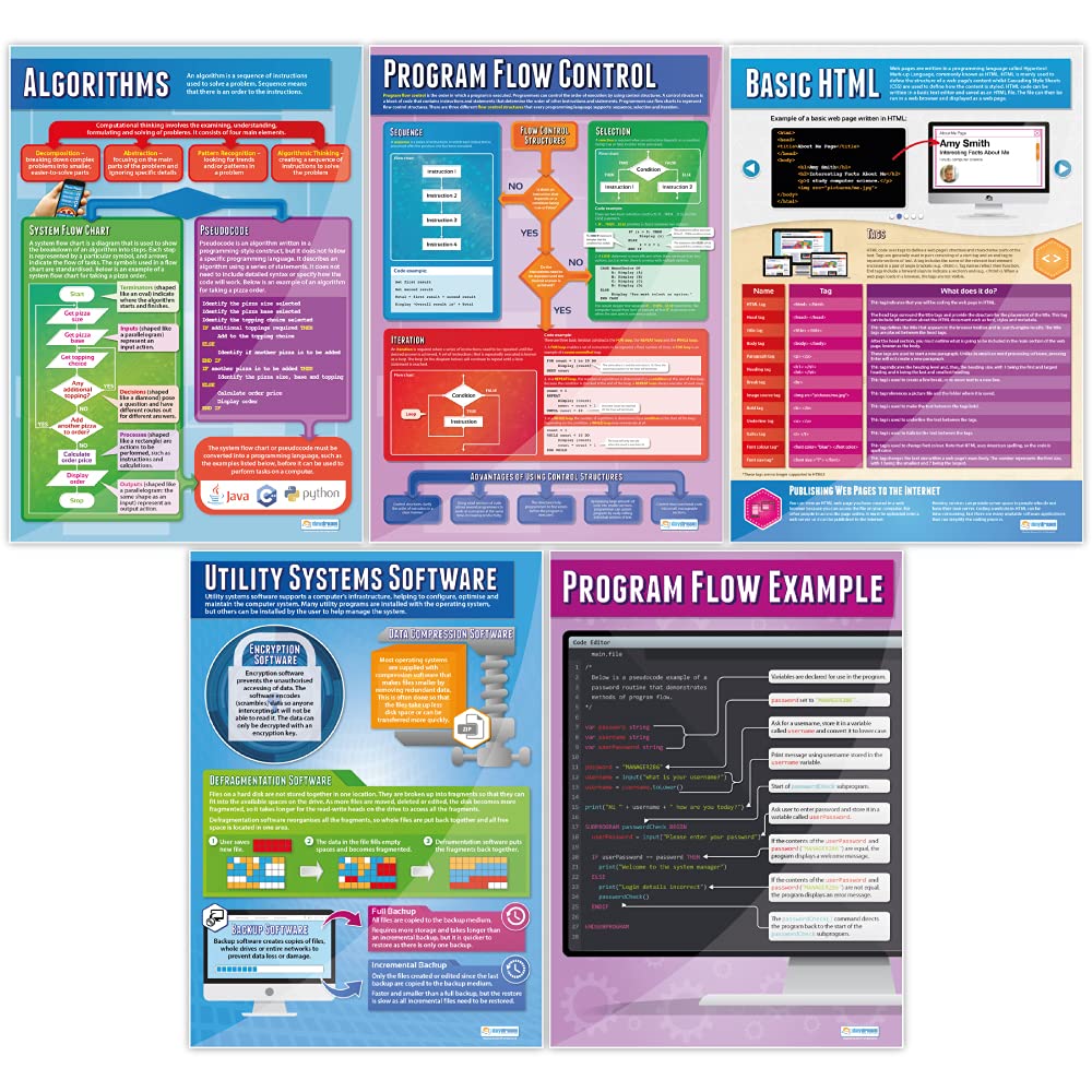 Computer Science Classroom Posters - Set of 32 Large Educational Charts (33”x23.5