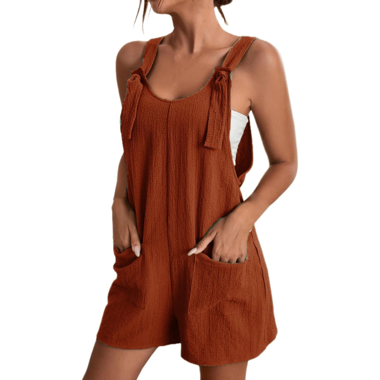 Women's Summer Jumpsuit - Sleeveless Scoop Neck Tie Shoulder Romper with Loose Shorts (Brown, XXL) | Casual Outfit for Beach, Travel & Outdoor Activities
