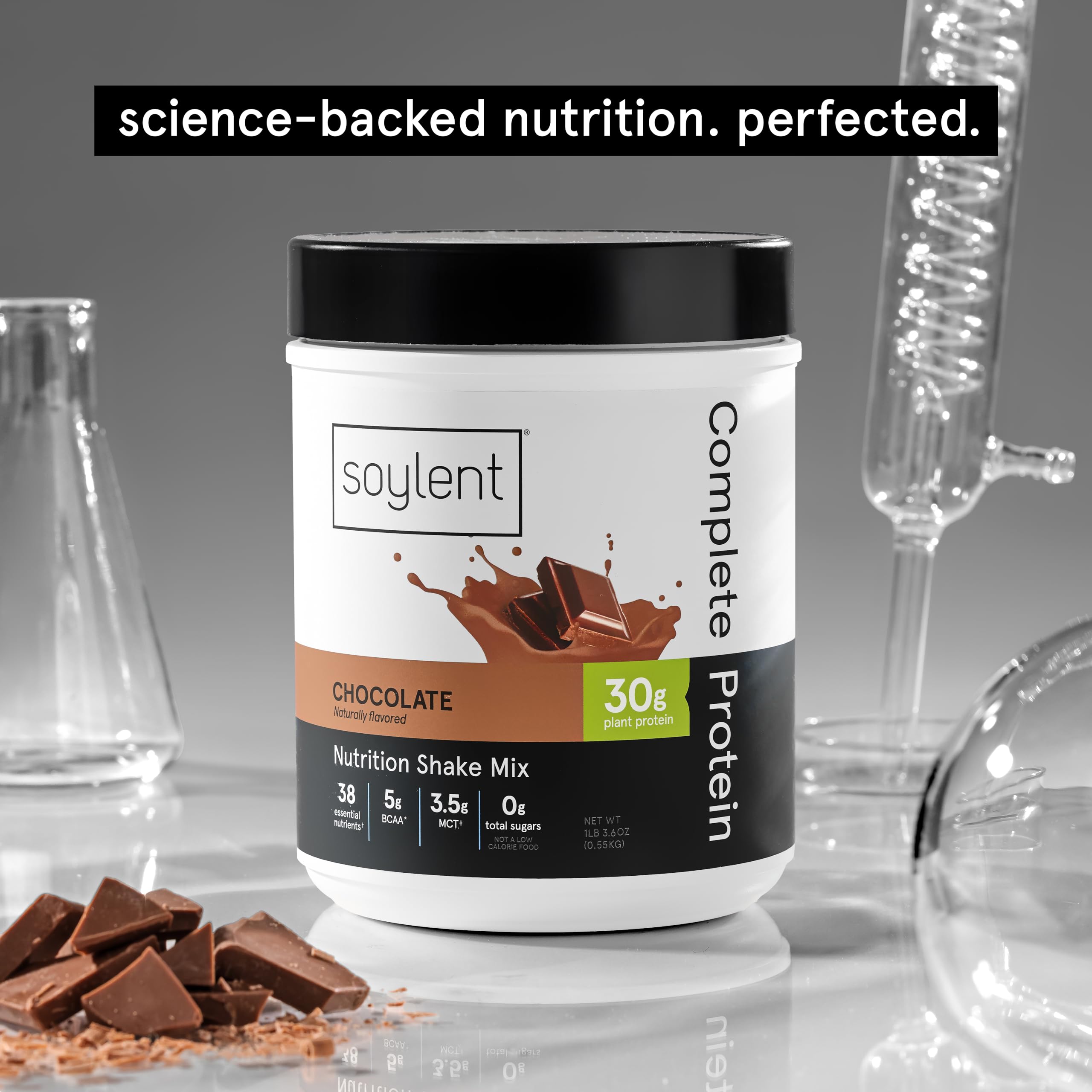 Soylent Chocolate Complete Protein Powder - 30g Protein Shake for Muscle Growth & Recovery with BCAAs, DHA, MCT, 28 Vitamins & Minerals | Zero Sugar, Gluten Free, Vegan (1.25lb) | Perfect for Post-Workout, Meal Replacement & Weight Management