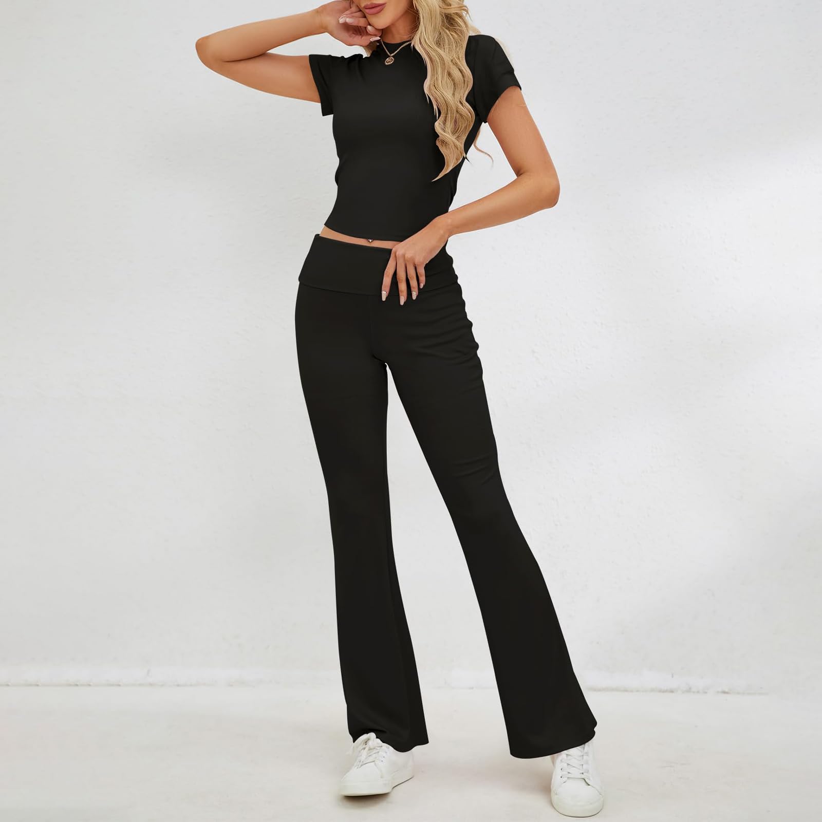 AoMoon Women's 2-Piece Lounge Set - Short Sleeve Crop Top & Fold Over Flare Yoga Pants | Comfy PJs & Tracksuits for Yoga, Home, Travel & Relaxation