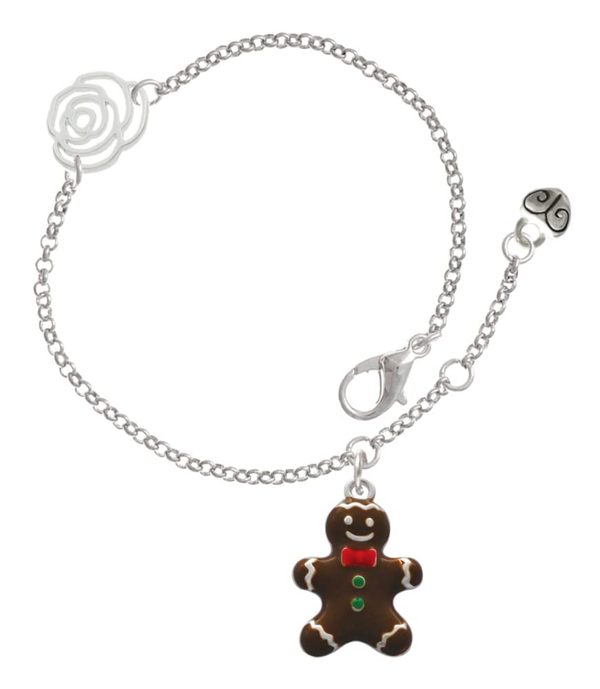 Delight Jewelry Enamel Gingerbread Cookie Charm Bracelet - Silver-Tone Rose Link Design with 6.25