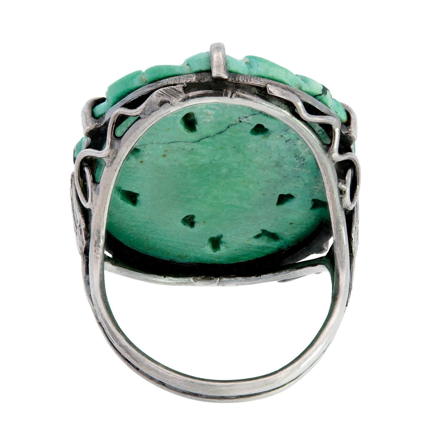 Antique Edwardian Sterling Silver Chinese Carved Turquoise Ring - Vintage Jewelry for Women, Unique Handmade Blue Gemstone Engagement Gift, Perfect for Weddings, Anniversaries & Special Occasions