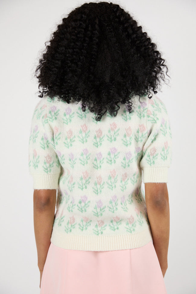 Fields Of Love Ivory Multi Block Floral Pattern Sweater - Women's Elegant Knit Pullover for Fall & Winter - Perfect for Casual Outings, Date Nights, and Office Wear