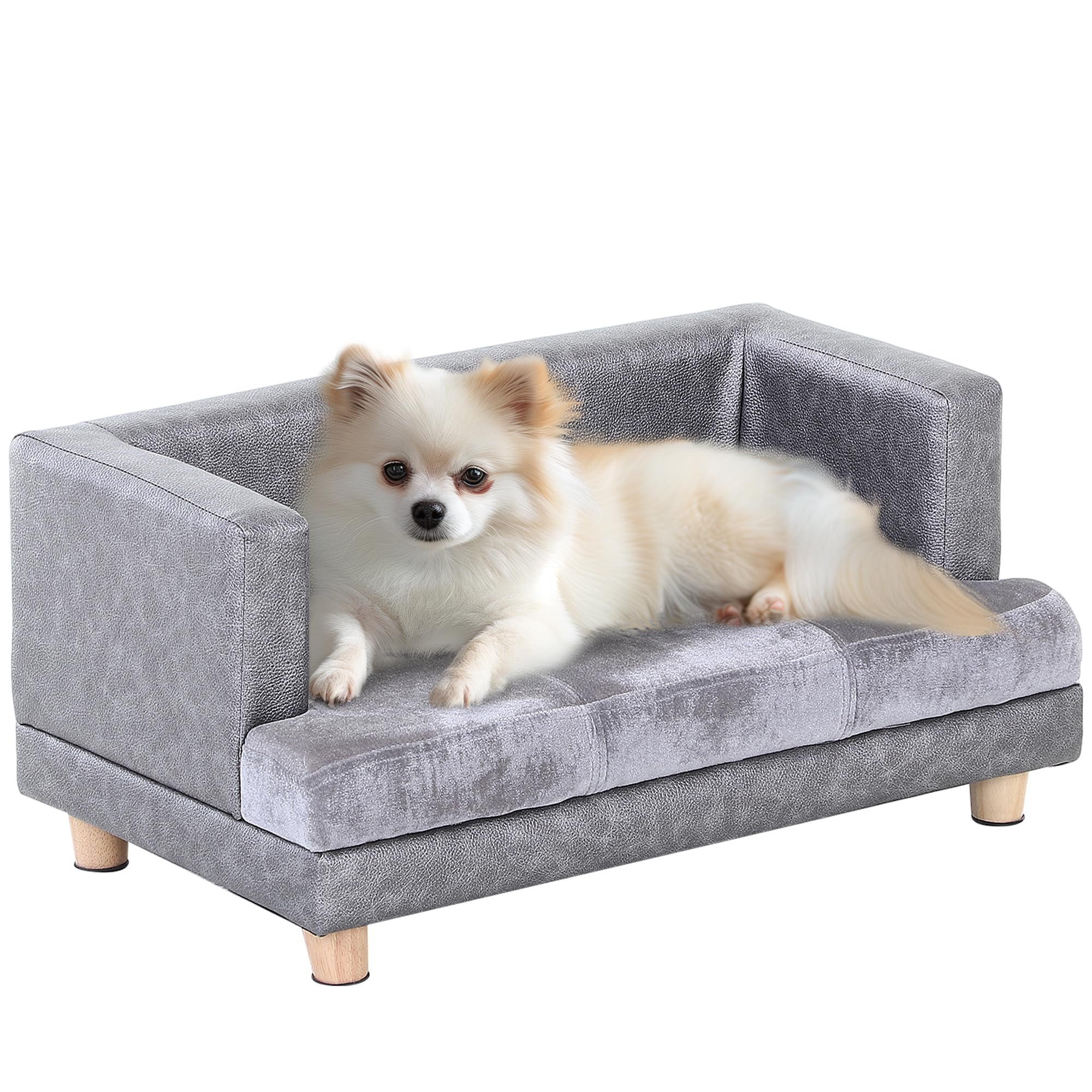 Luxury Dog Bed for Small Dogs - Soft Fuzzy & Faux Leather Combo with Thick Foam Mattress - Modern Rectangle Pet Sofa for Puppies & Small Breeds - Gray - Perfect for Living Room, Bedroom & Pet Nursery Decor