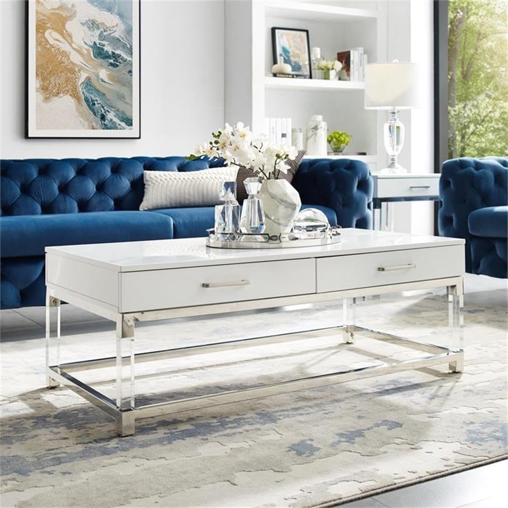 White & Chrome Metal Coffee Table with Acrylic Legs - Living Room Decor