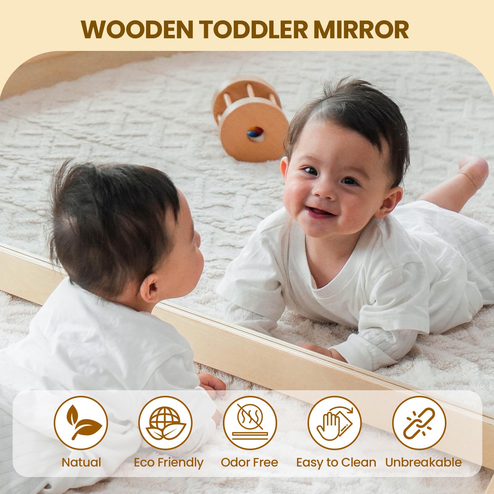 XIHAToy Montessori Wooden Toddler Mirror - Shatterproof Acrylic Safety Mirror for Kids, Dual-Use Early Learning & Walking Mirror - Perfect for Nursery, Playroom & Montessori Classroom Activities
