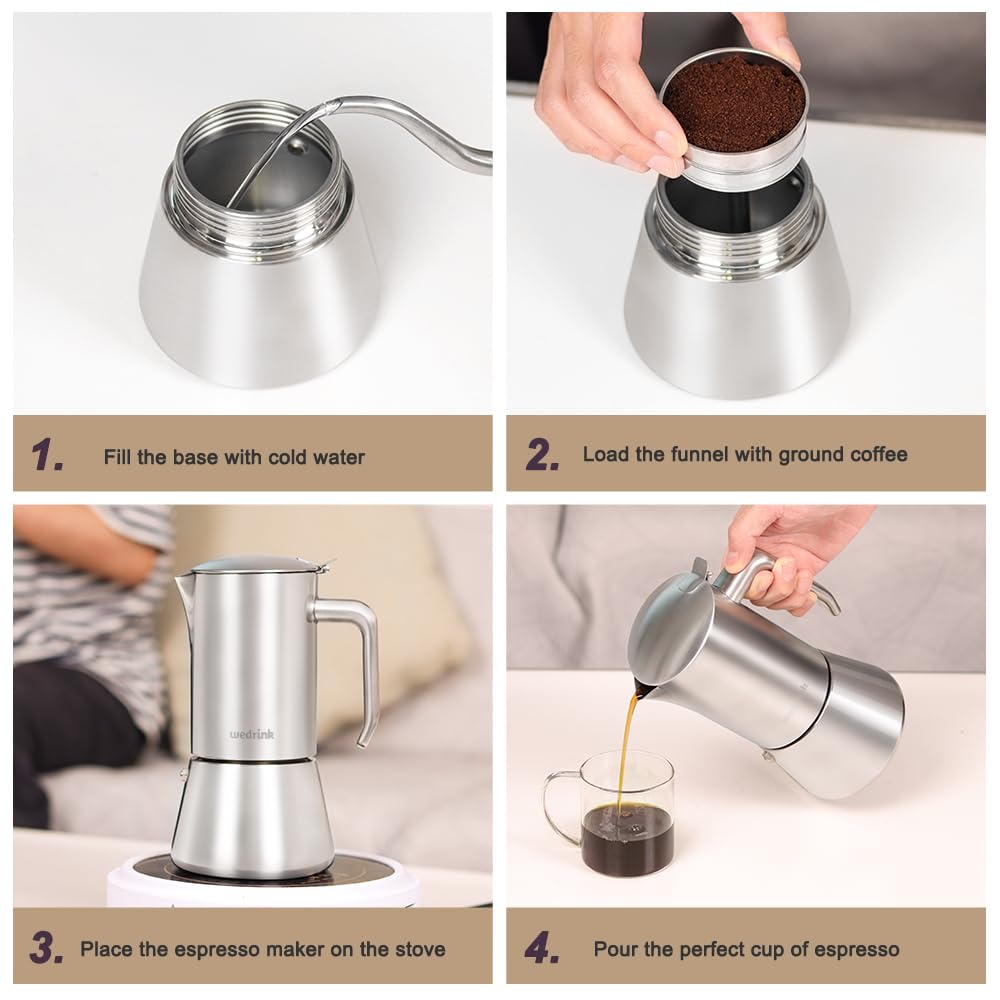 Wedrink Stovetop Espresso Maker - 4 Cup (6.5 oz) Stainless Steel Moka Pot for Greca Coffee - Works on Induction, Electric & Gas Stoves - Perfect for Home Brewing, Camping & Office Use