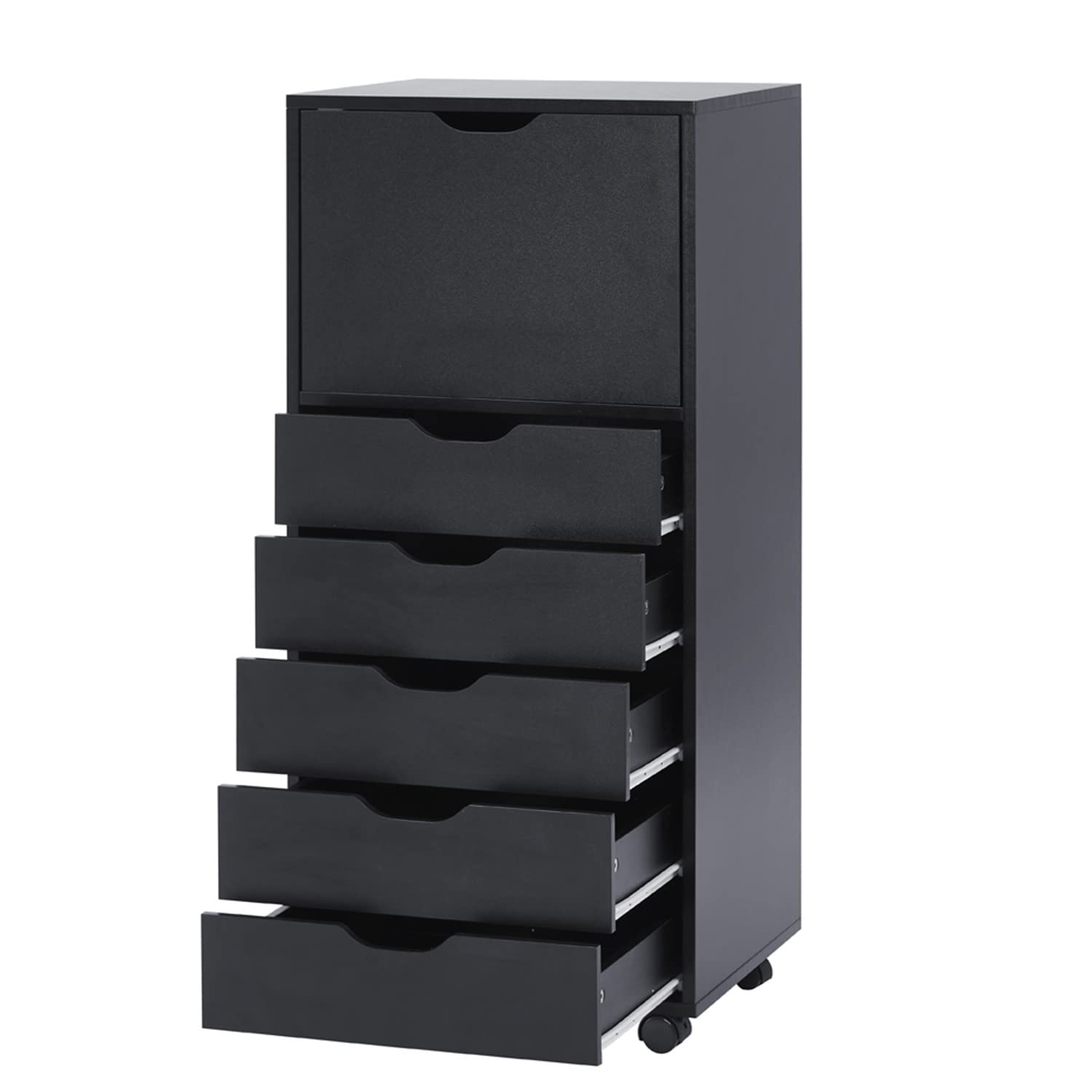 Naomi Home 6-Drawer Tall Dresser Storage Cabinet with Wheels - Wooden Makeup Organizer, Closet Chest for Bedroom, Black | Perfect for Makeup Storage, Closet Organization & Small Space Furniture
