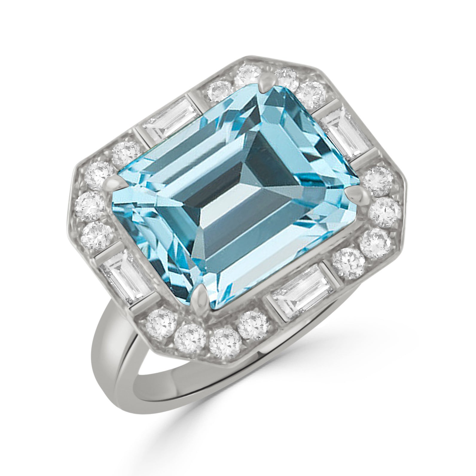 Emerald Cut Blue Topaz & Diamond 18K White Gold Ring for Women - Elegant Wedding, Engagement & Anniversary Jewelry Gift