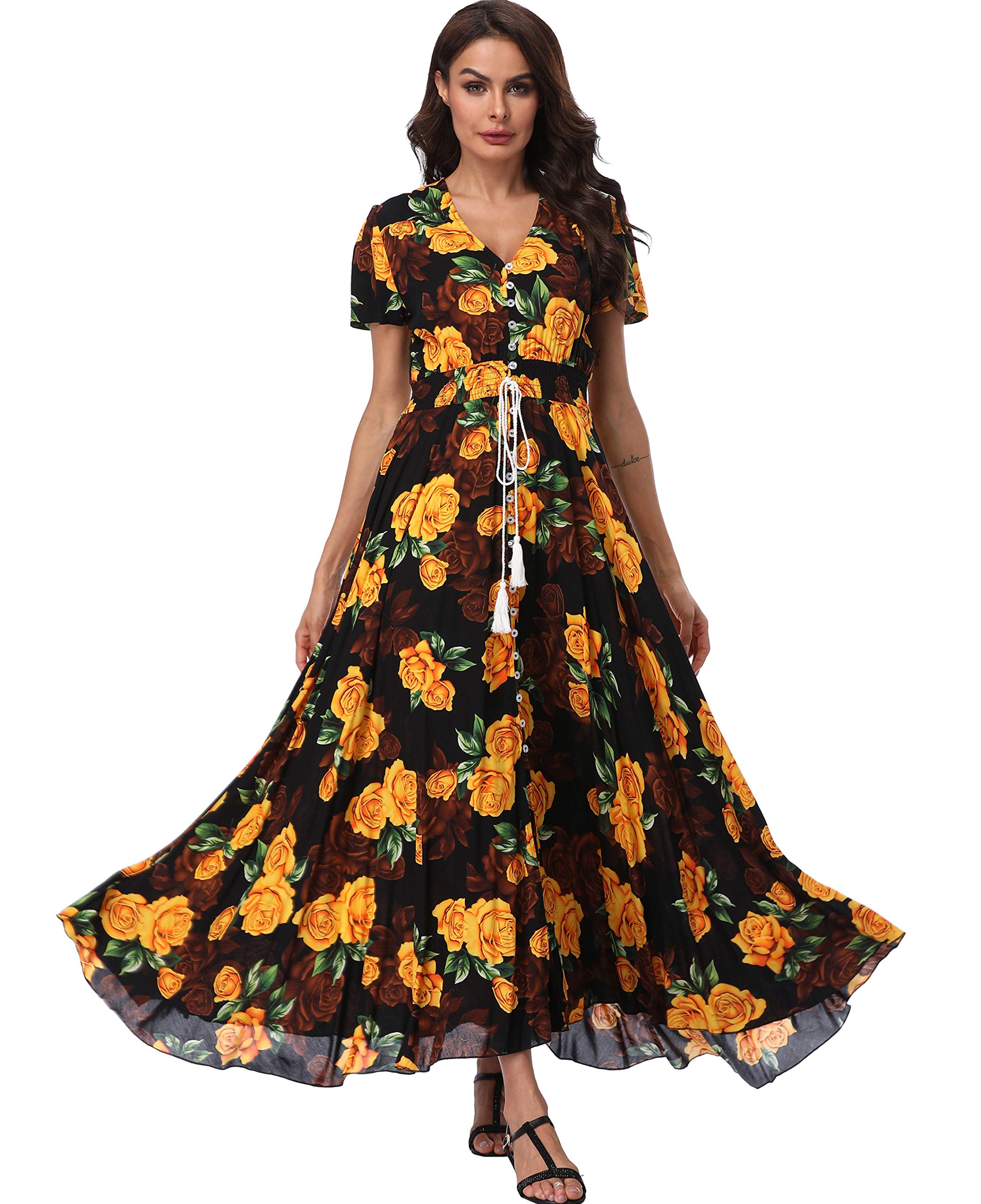 Boho Floral Maxi Dress for Women - Summer Button Up Beach Dress with Side Slit & Flowy Design | Perfect for Beach Parties, Vacations & Outdoor Events