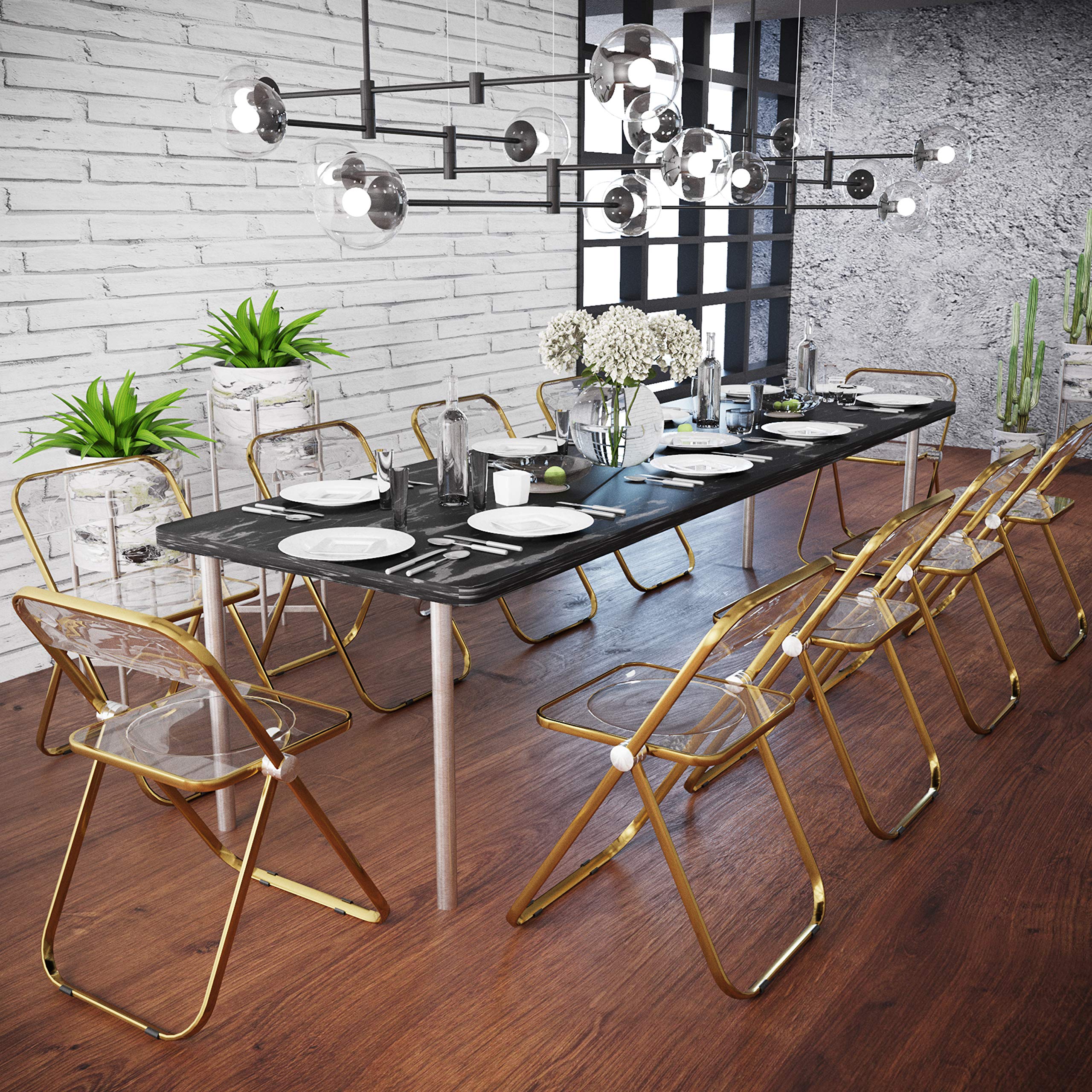 LeisureMod Lawrence Modern Transparent Acrylic Folding Chairs with Gold Metal Frame - Set of 2 Rose Pink - Perfect for Patio, Garden, Poolside & Indoor Events