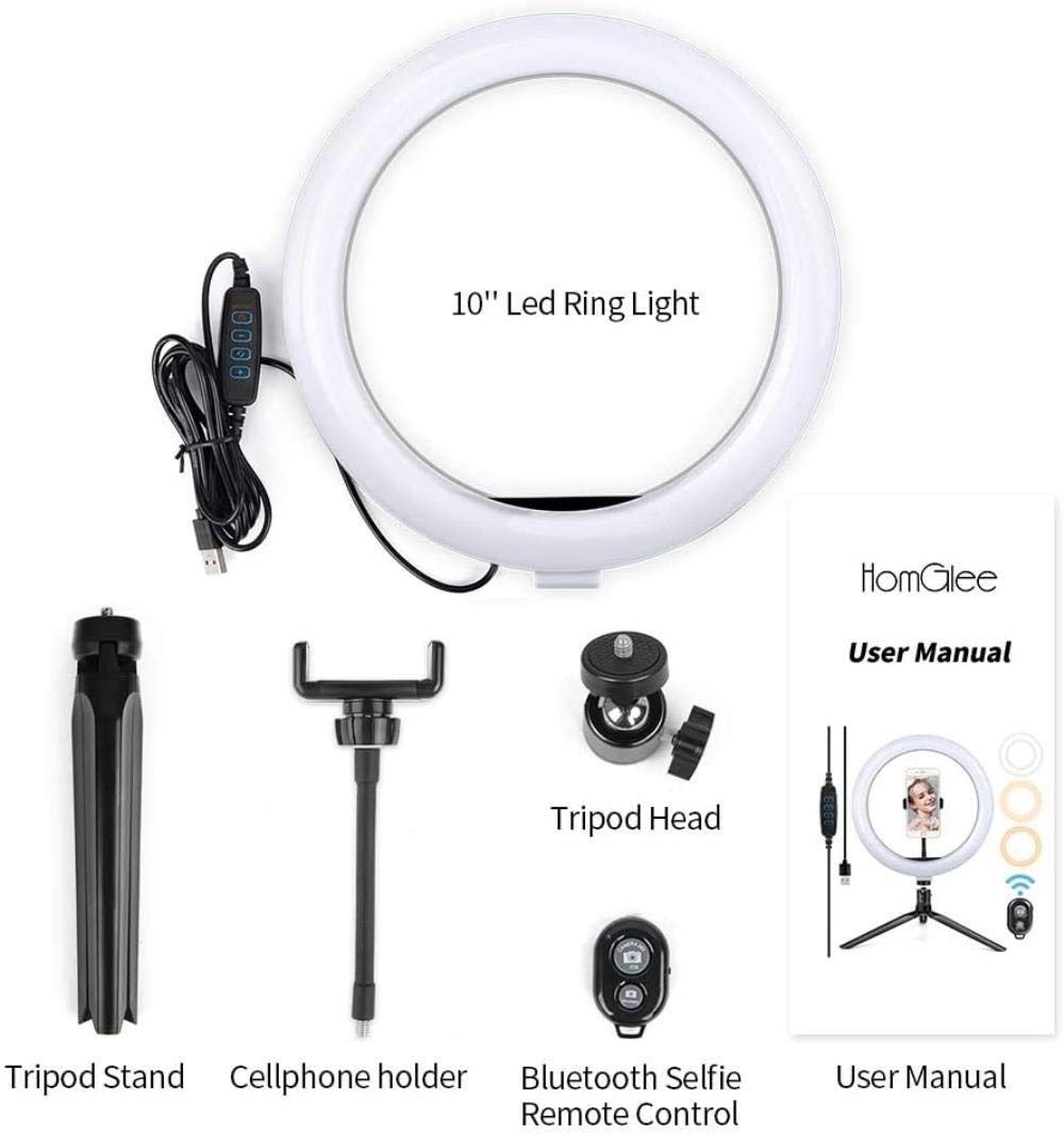 HMTE 10-inch Dimmable LED Ring Light with Tripod Stand - Professional Selfie Photography Lighting for YouTube, TikTok, Live Streaming & Makeup Videos