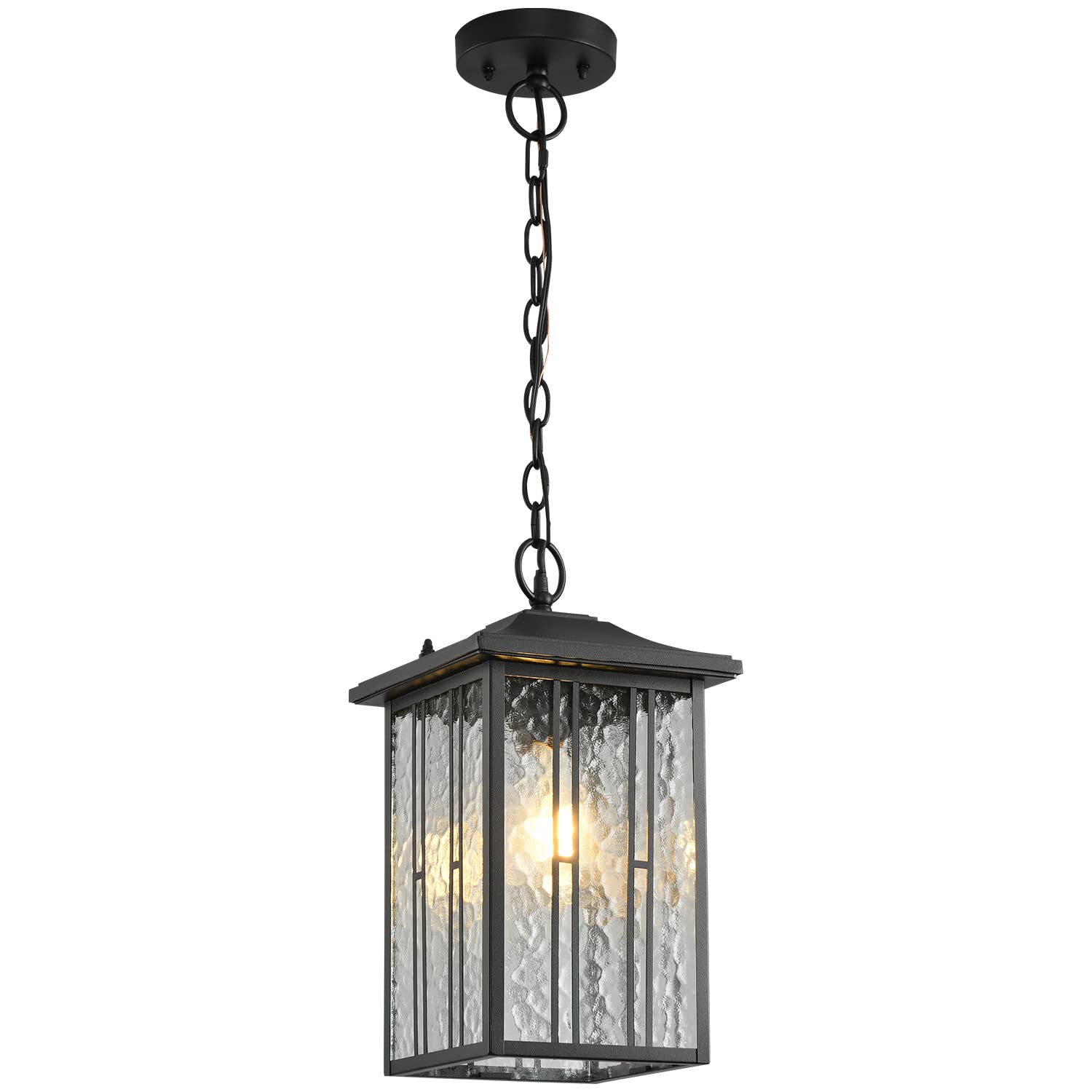 Modern Black Outdoor Pendant Light - LED Hanging Chandelier with Water-Rippled Glass for Porch, Patio & Entryway | Weather-Resistant Matte Black Exterior Lighting for Outdoor Dining & Landscape Decor